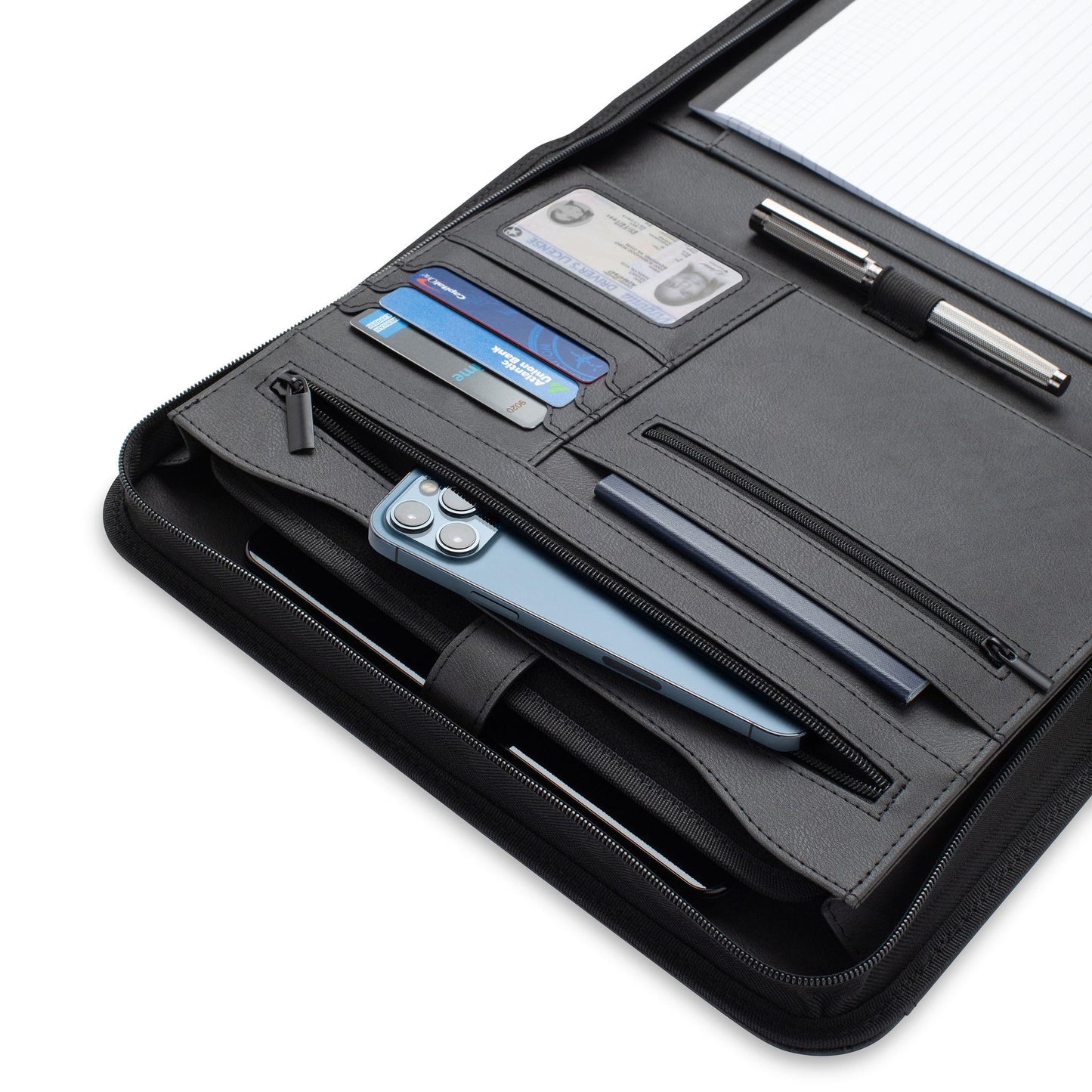 Forevermore Portfolios Padfolio Binder - Professional Faux Leather Travel Organizer Pouch for Tablet, Documents, Presentation Folders, Zipper Closure, Notepad - Black