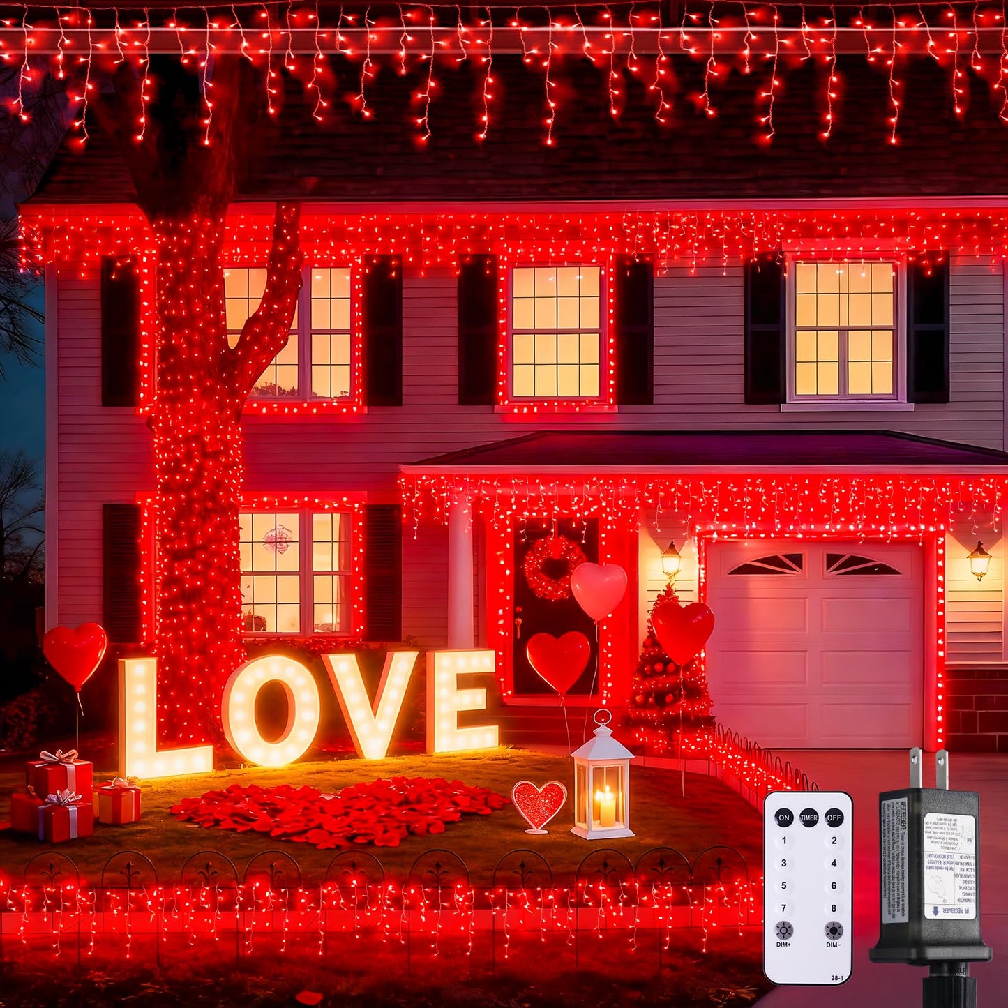JMEXSUSS 400 LED Red Valentine Lights Outdoor, Connectable Red Icicle Lights Indoor Outdoor with Remote, Christmas Light for Valentine Room Fireplace Christmas Decorations