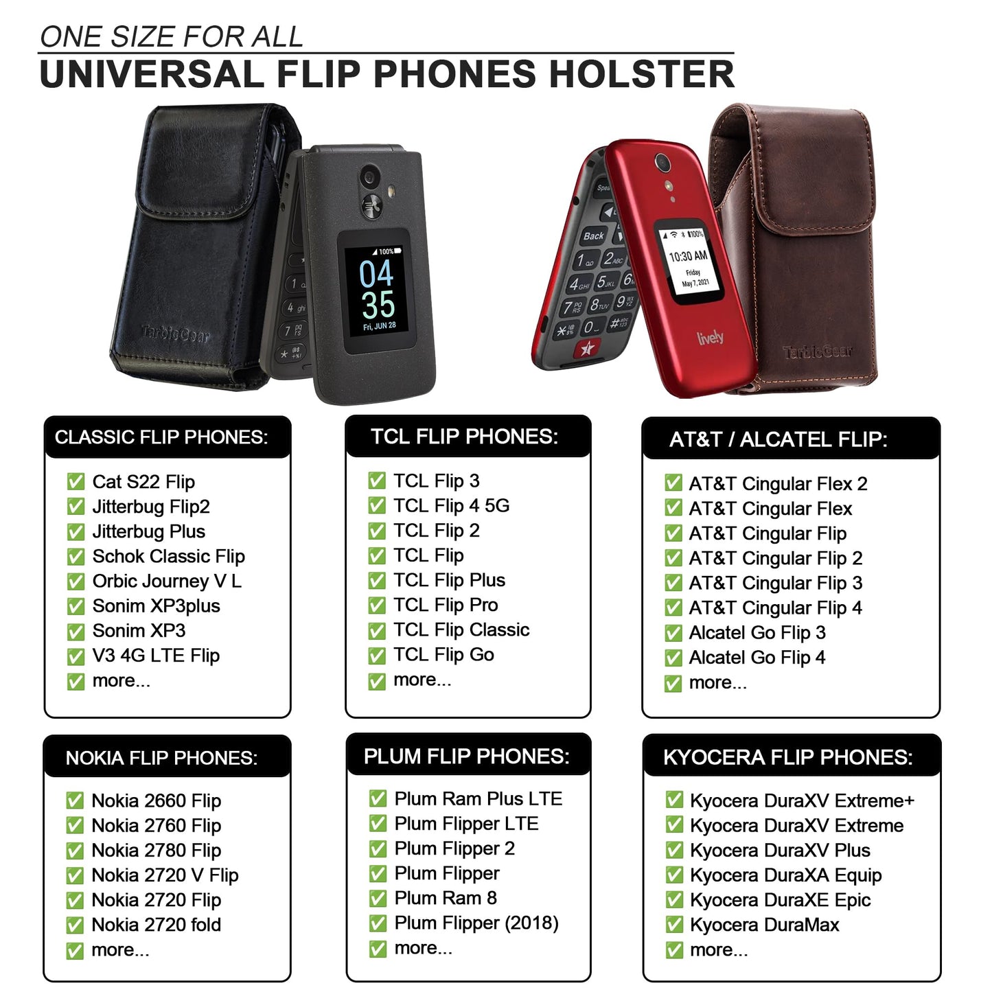 TarbicGear Leather Flip Phone Case with Belt Clip, Pouch for Kyocera & TCL Flip Phone Holster for Belt, Cat S22 Flip Case, Nokia Flip Phones, Sonim XP3 Plus Magnetic Phone Pouch, Brown Color