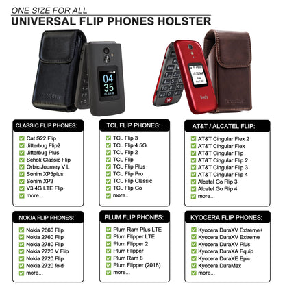 TarbicGear Leather Flip Phone Case with Belt Clip, Pouch for Kyocera & TCL Flip Phone Holster for Belt, Cat S22 Flip Case, Nokia Flip Phones, Sonim XP3 Plus Magnetic Phone Pouch, Brown Color