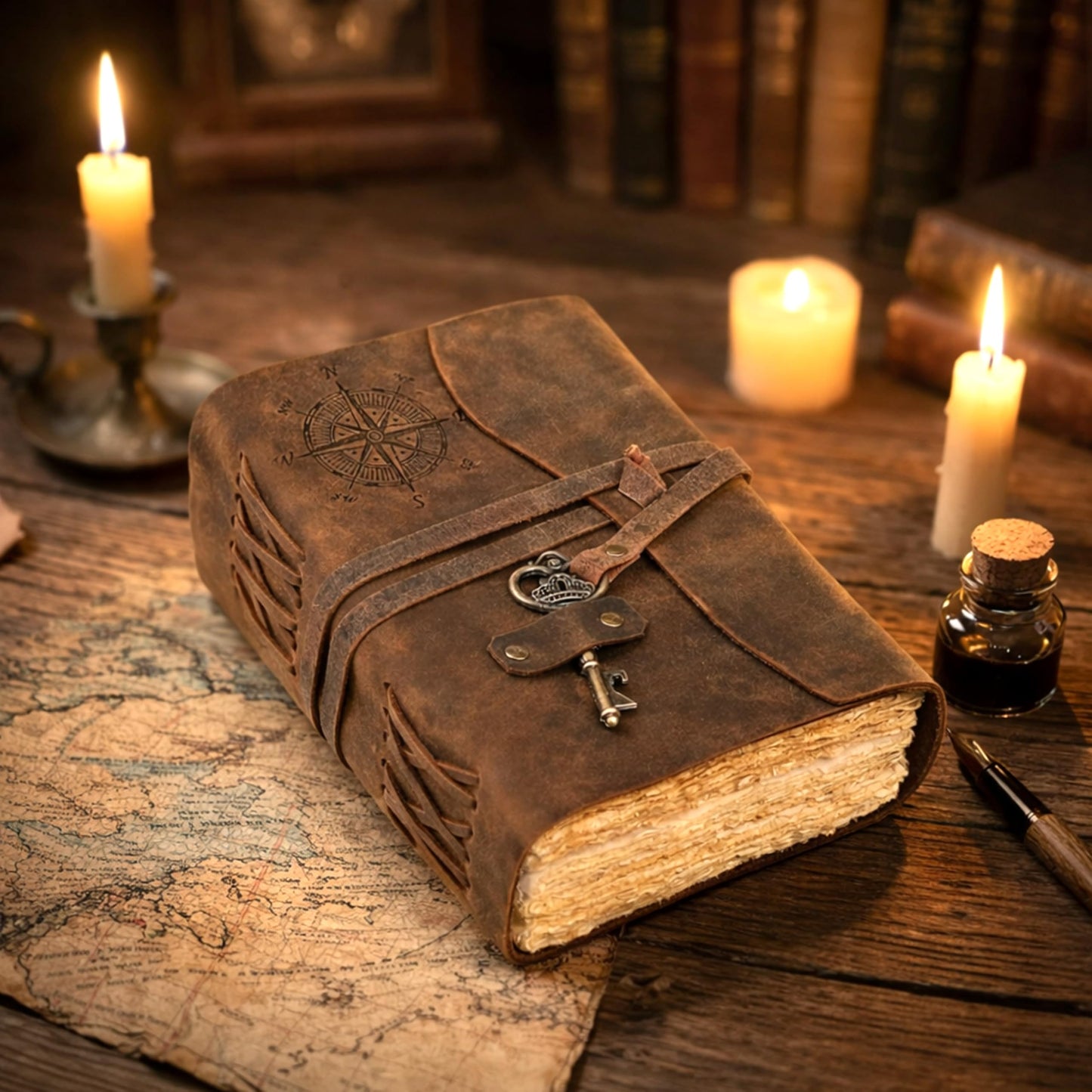 cuero Compass Vintage Leather Journal Antique Handmade Bound Journal with Deckle Edge Paper Diary Leather Sketchbook Drawing Journal Notebook Great Gift Men & Women (6X8 Inch)