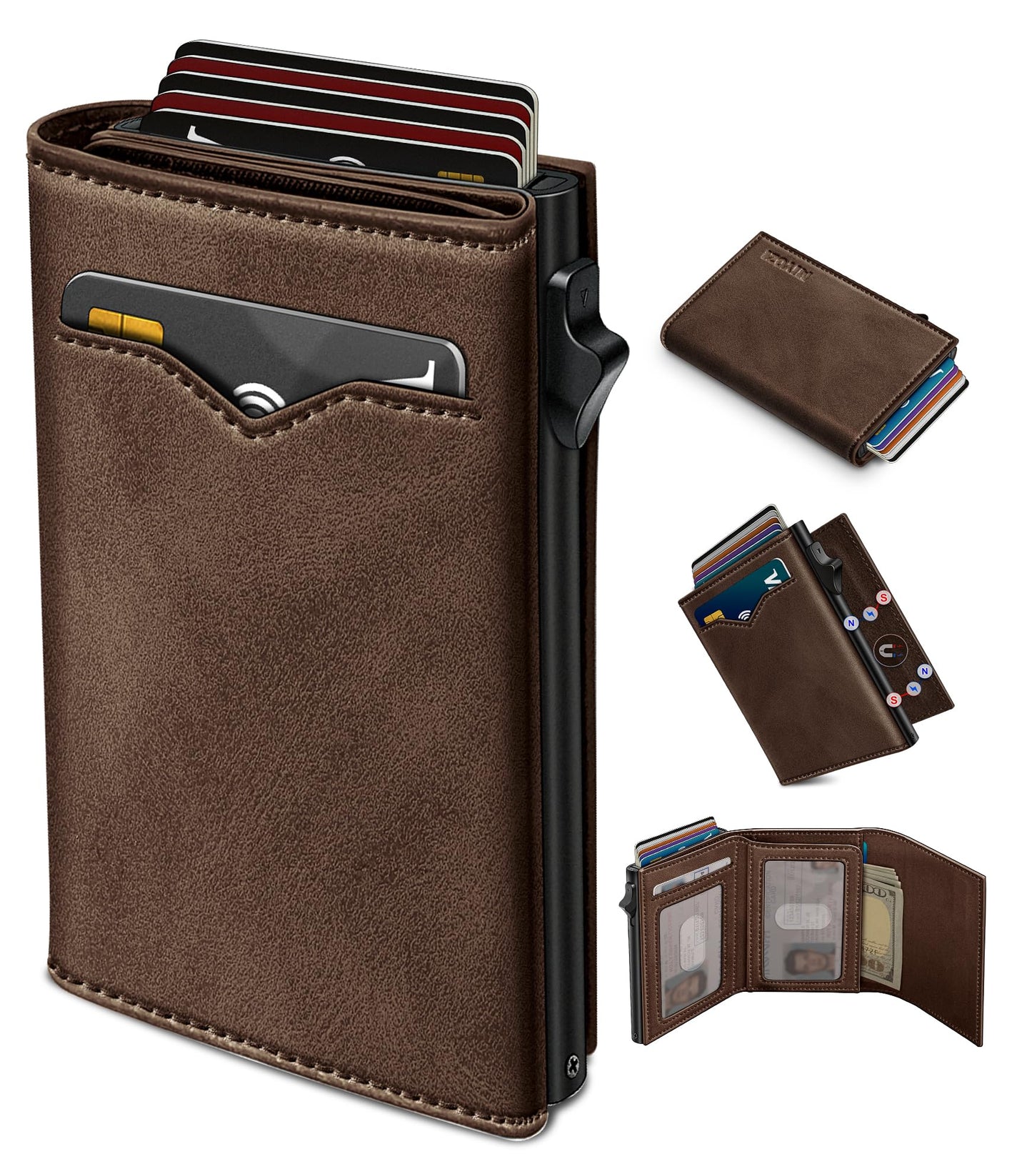 miyozi Wallet for Men,with Cash Pocket 2 ID Window 9-13 Cards,Metal Case Smart Slim Pop Up Credit Card Holder Flip with Magnetic Closure RFID Blocking Trifold wallet with Gift Box