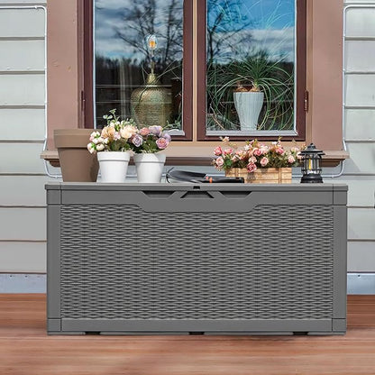 Greesum 100 Gallon Resin Patio Storage Box for Garden Tools, Outdoor Furniture Cushions, Pool Supplies, Gray