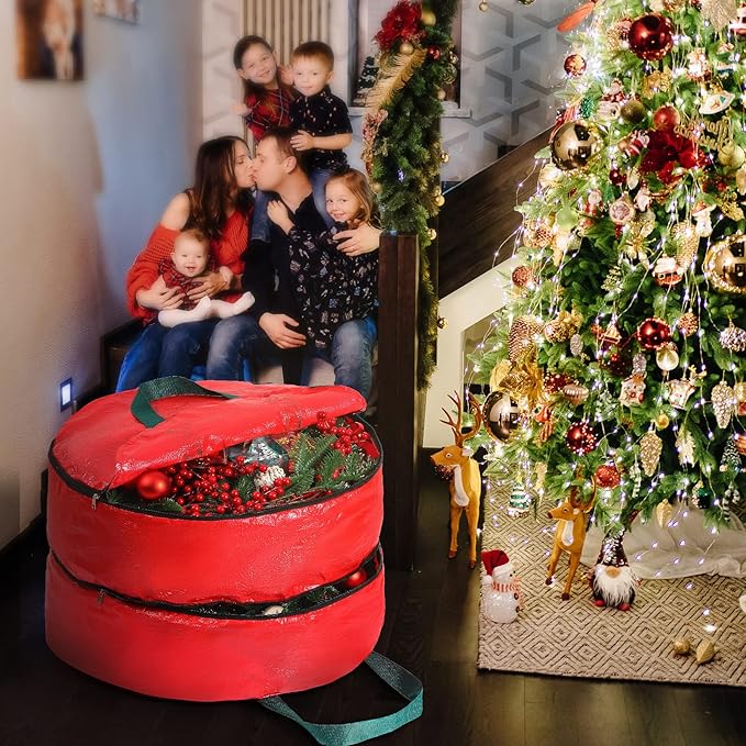 Double Layer Christmas Wreath Storage Container Bag Wreath Storage Pure Color Seasonal Garland Holiday Container Festive Box with Dual Zippers and Handles for Xmas(36 Inch,Red)