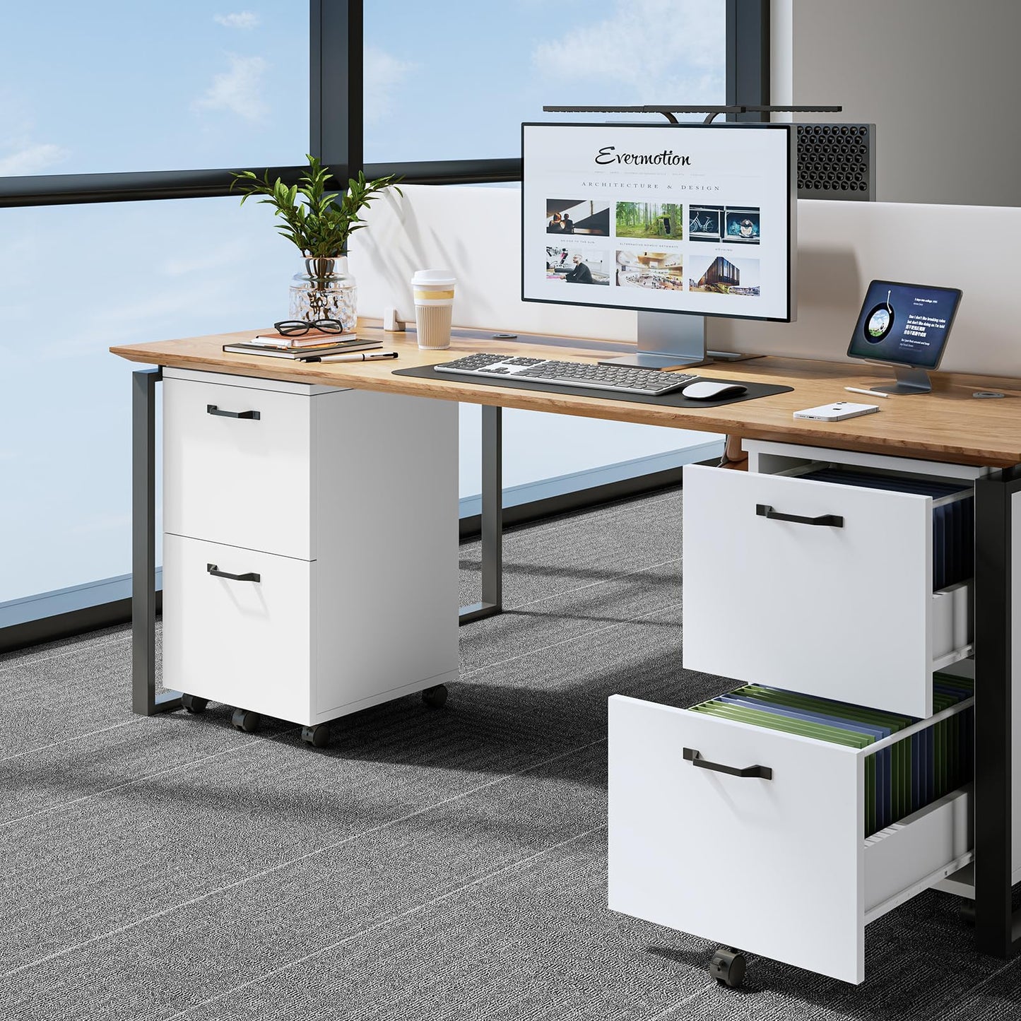 Sweetcrispy 2 Drawer Filing Cabinet White, Rolling Wood File Cabinets with Printer Stand Under Desk Storage Lockable Wheels, Home Office Organizer