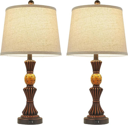 Set of Modern Table Lamps with USB-C & USB Ports, Rotating Knob Switch, Linen Shade + Resin Base Rustic Farmhous (Black Gold/Oil Bronze)