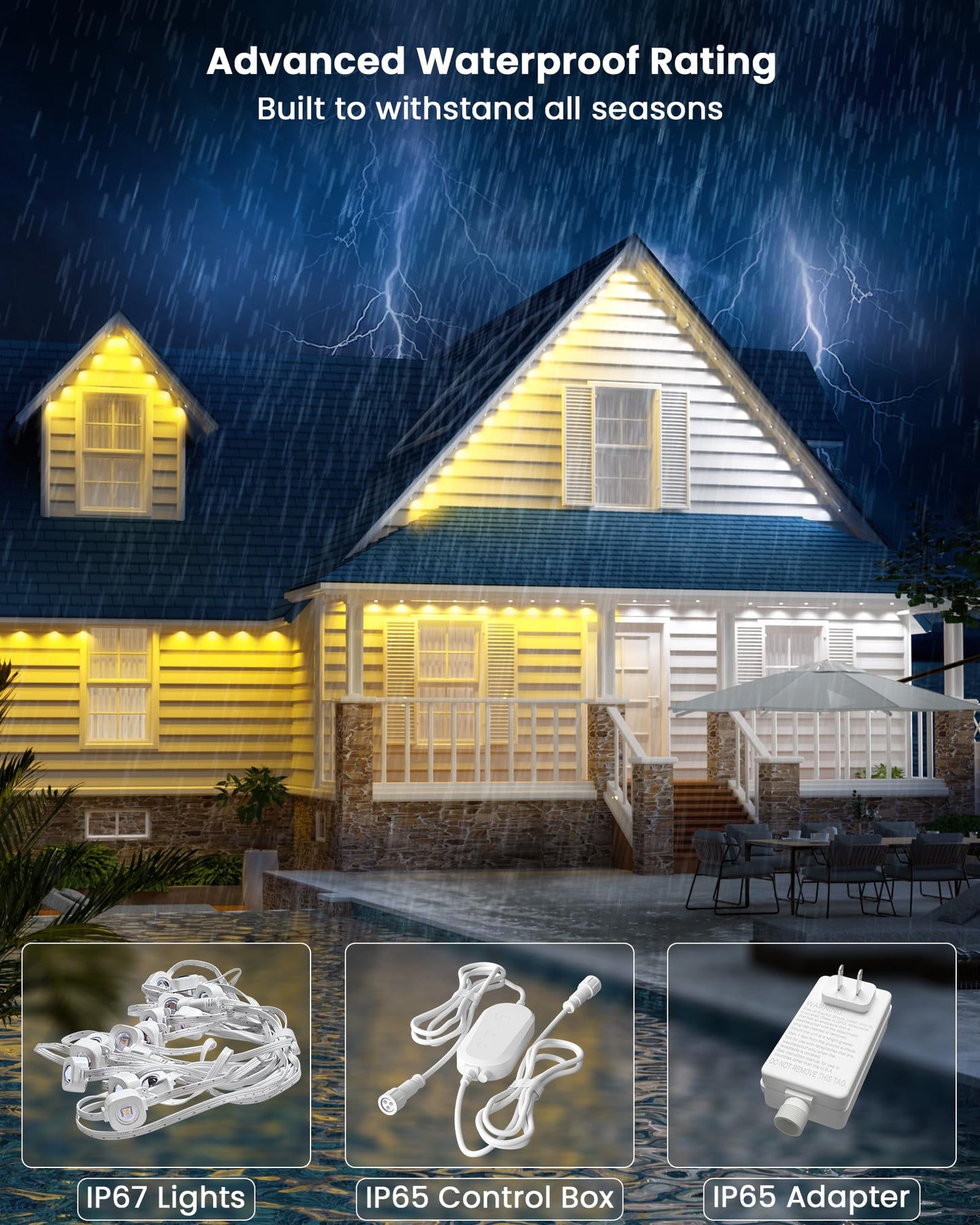Gefolly Permanent Outdoor Lights Pro, 100ft with 60 RGBW Double-LED Lights 111 Scene Modes for Daily, Halloween, Christmas, IP67 Waterproof for Outdoor Decor, Works with Alexa, Google Assistant, White