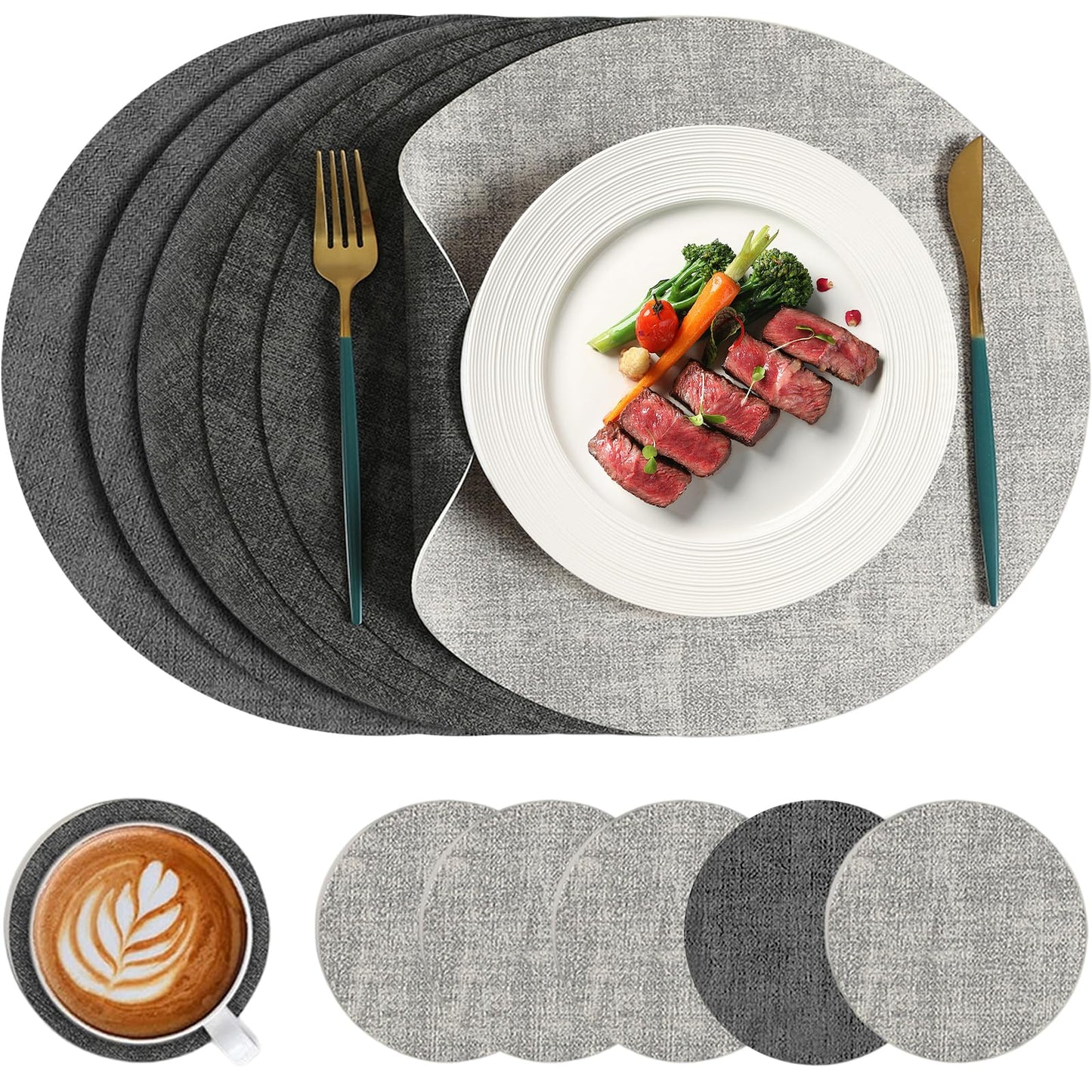 13" Round Placemats Set of 6 with Coasters, Reversible Faux Leather Heat Resistant Table Mats, 100% Waterproof Oilproof Wipeable Double-Sided Place Mats for Indoor/Outdoor Use (Light Grey) ﻿ ﻿