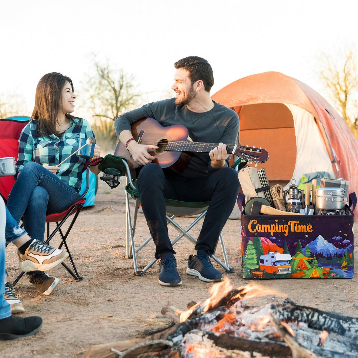 Breling 4 Pcs Camping Storage Baskets with Handles Black Night Camping Laundry Hamper Large Collapsible Bonfire Woodland Theme Baskets Storage Bins Boxes for Outdoor Lake Camp, 15 x 10 x 8 Inch