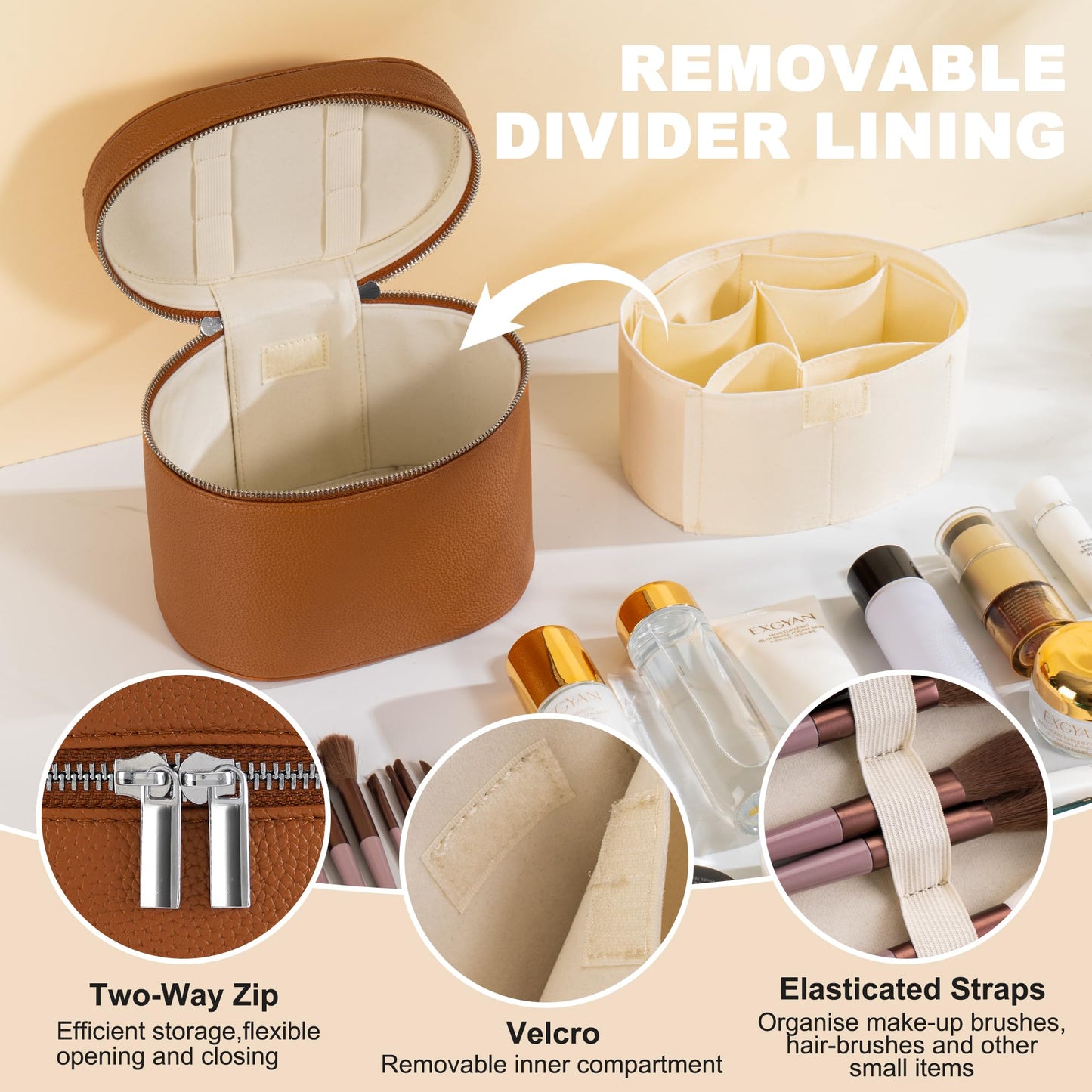 UUYUUY Makeup Bag Vanity Case Cosmetic Bag with Removable Divider Travel Toiletry Bag for Women Portable Make up Box Organizer, Brown