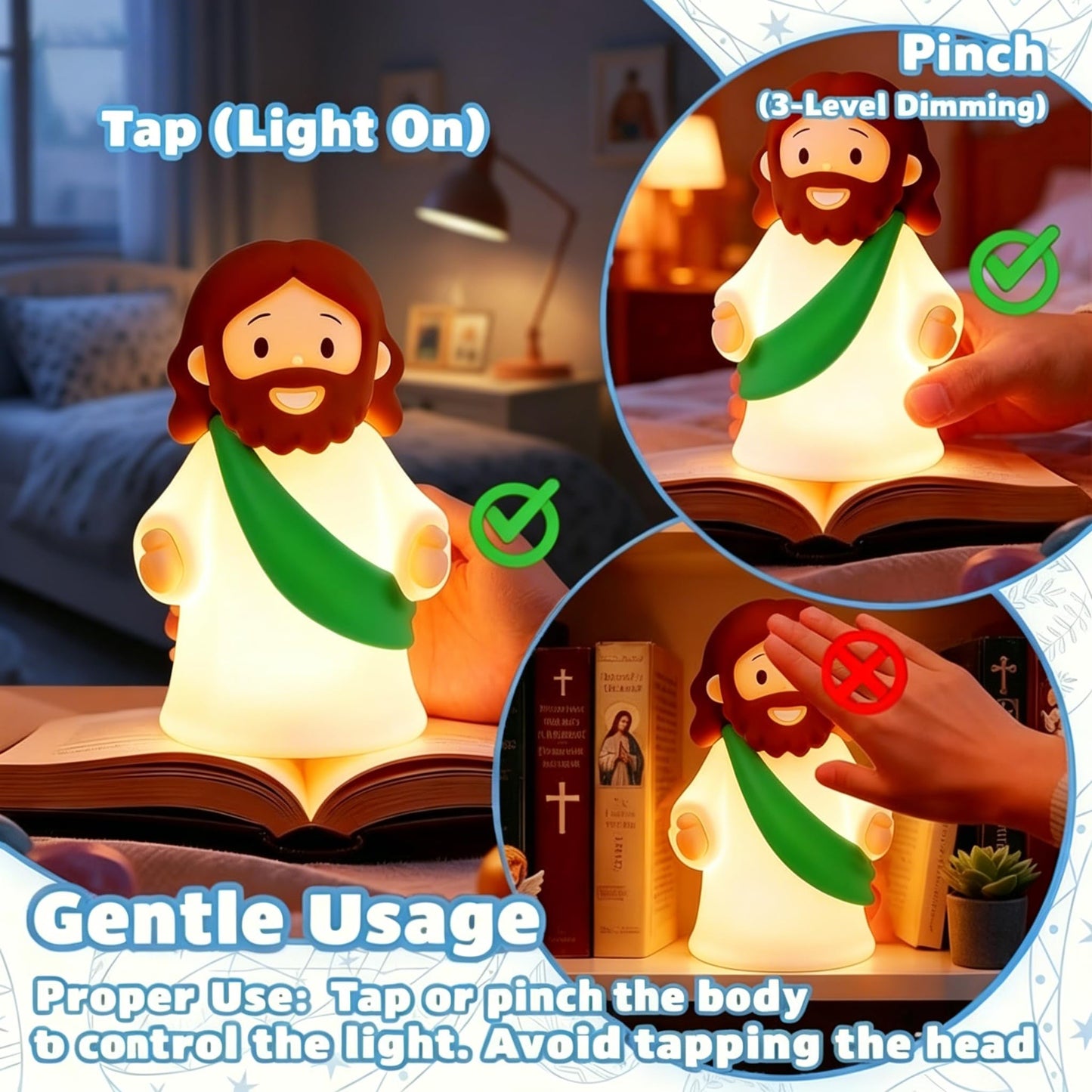magical JD Little Jesus Night Light, Mini Silicone Jesus Lamp, Dimmable Rechargeable Touch Bedside Lamp for Nursery & Kids, Ideal Religious Gift for Christmas, Easter and Baptism (Green)