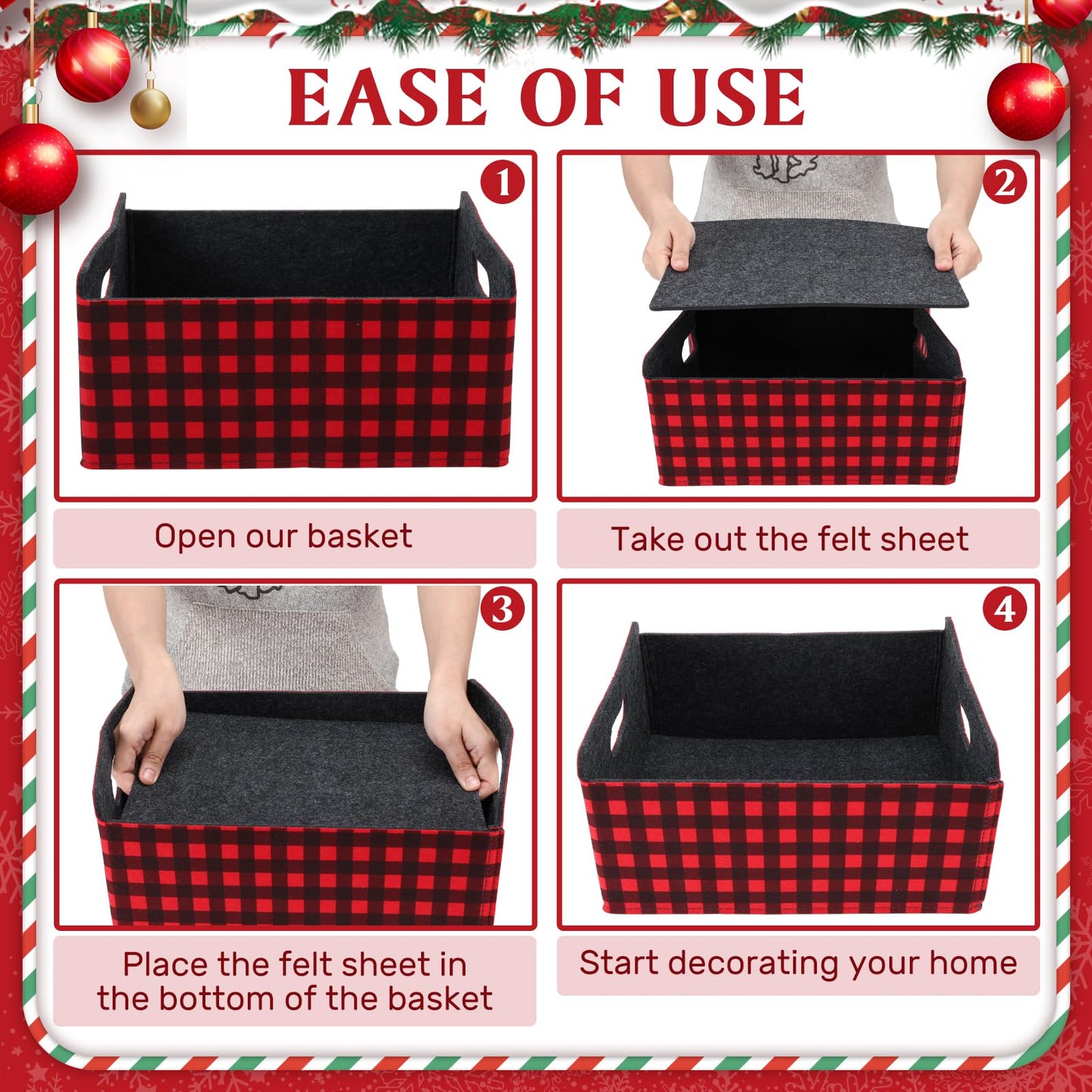 FoldTier 3 Pcs Large Christmas Baskets for Gifts Empty Collapsible Buffalo Plaid Felt Storage Basket Red Black Christmas Bins Xmas Organizer Box for Holiday Gift Snack Toys Pet Home Bedroom Office