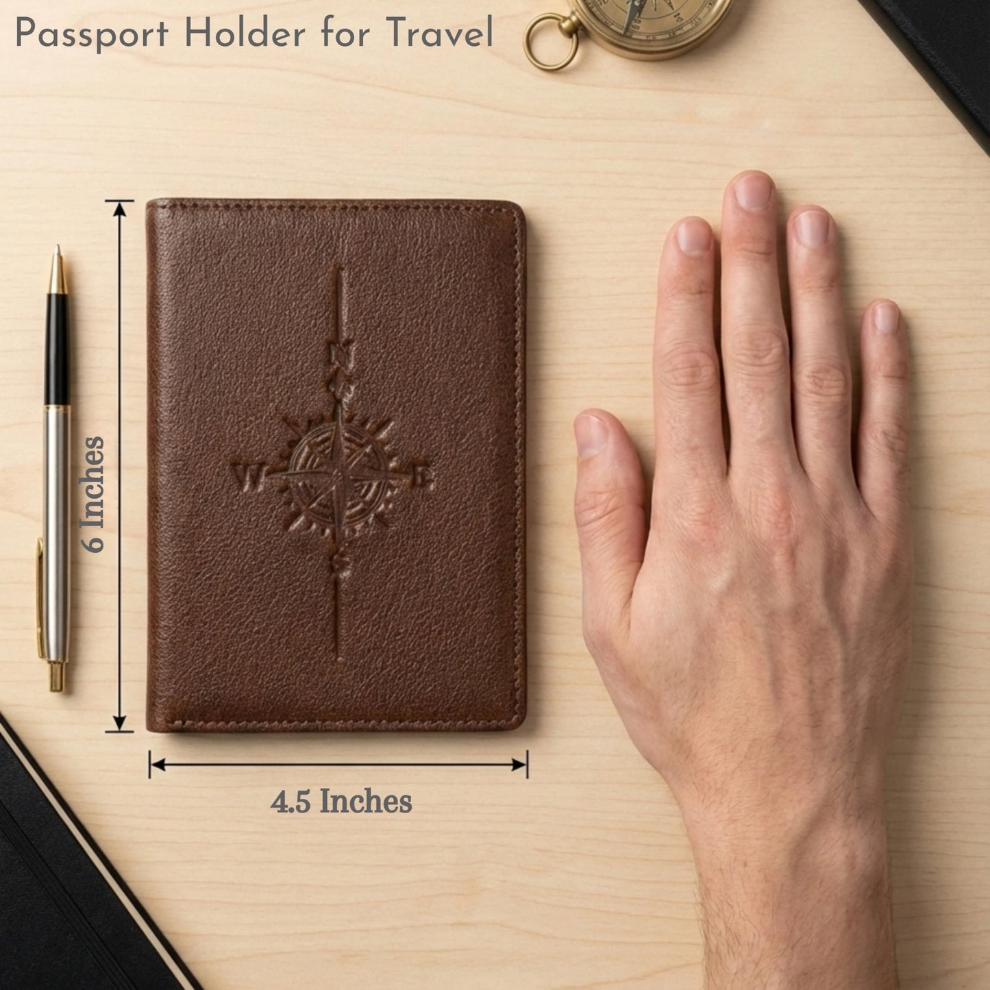 SETTINI Passport Holder for Travel – Genuine Leather RFID Blocking Passport Wallet, Compass Design, 6 Card Slots, ID Window, Fathers Day Gift, Gift-Ready Box