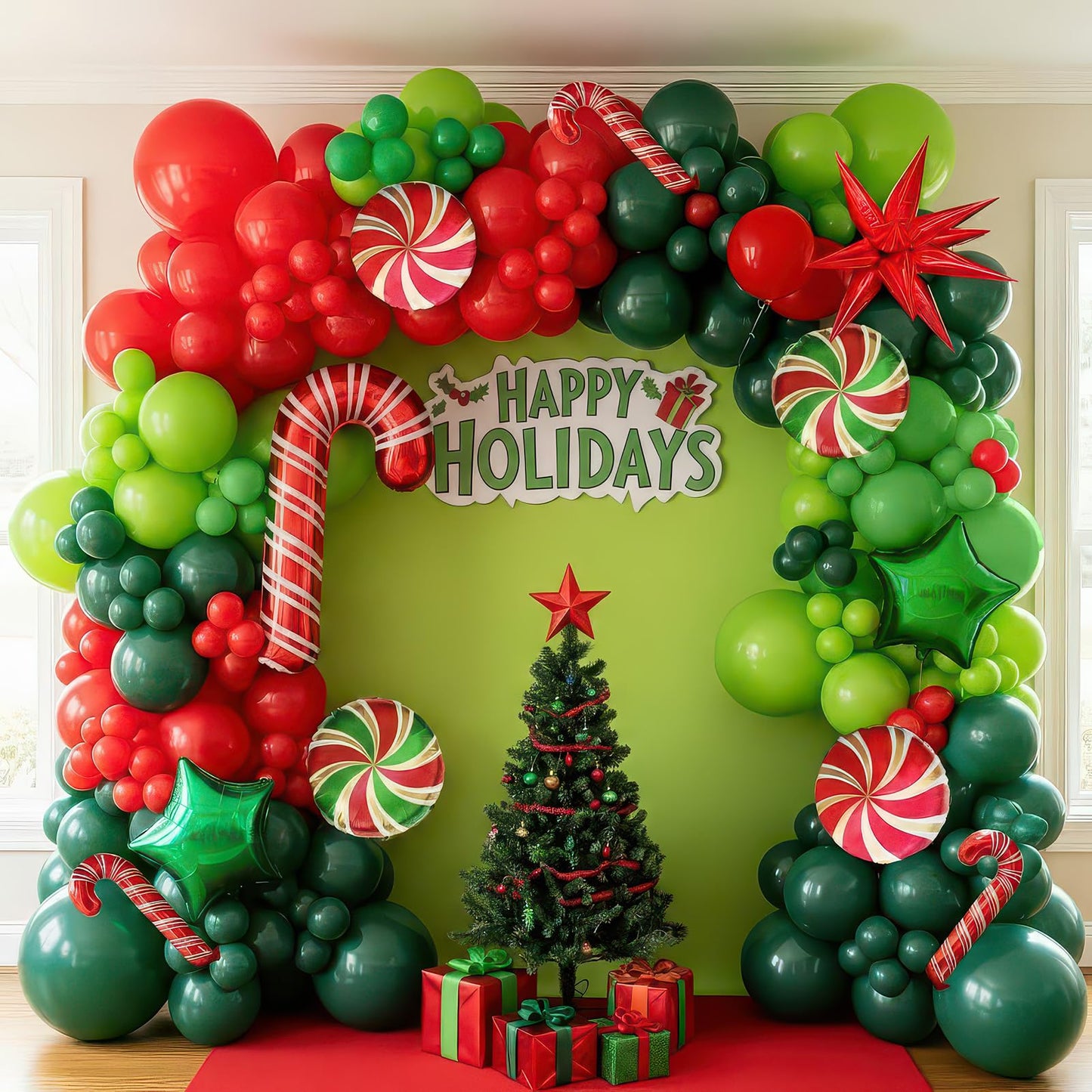 Christmas Party Decorations with Red Green Balloon garland arch Kit & small Candy cane Star Lollipop foil balloons for Kids Naughty Cartoon Birthday friendsmas Xmas Party Decorations (Red Green)