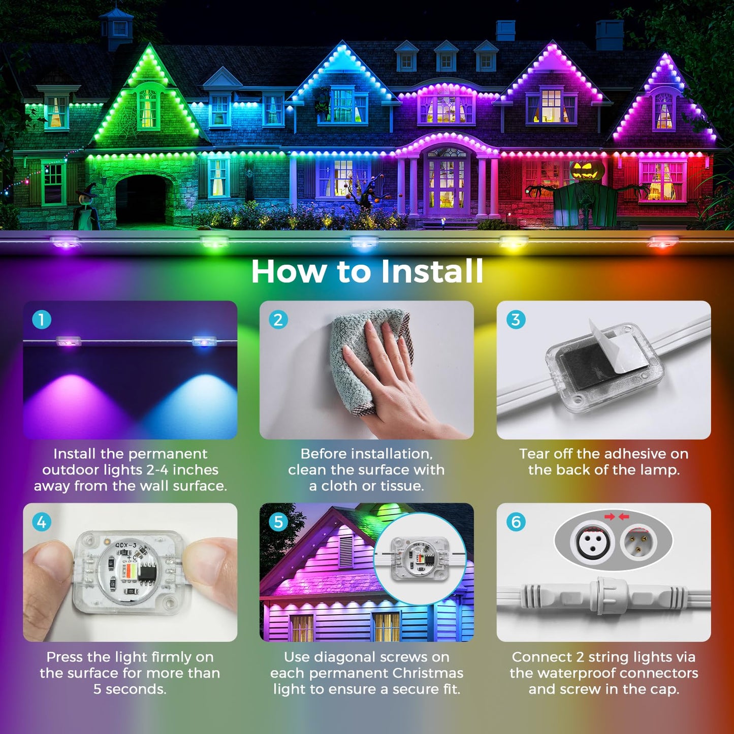 LunaSync Permanent Outdoor Lights, 150ft RGBIC Smart LED Eaves Lights with App & Remote Control, IP67 Waterproof, 50 Scene Modes for Christmas, Holiday, Pool Party & Daily Decor