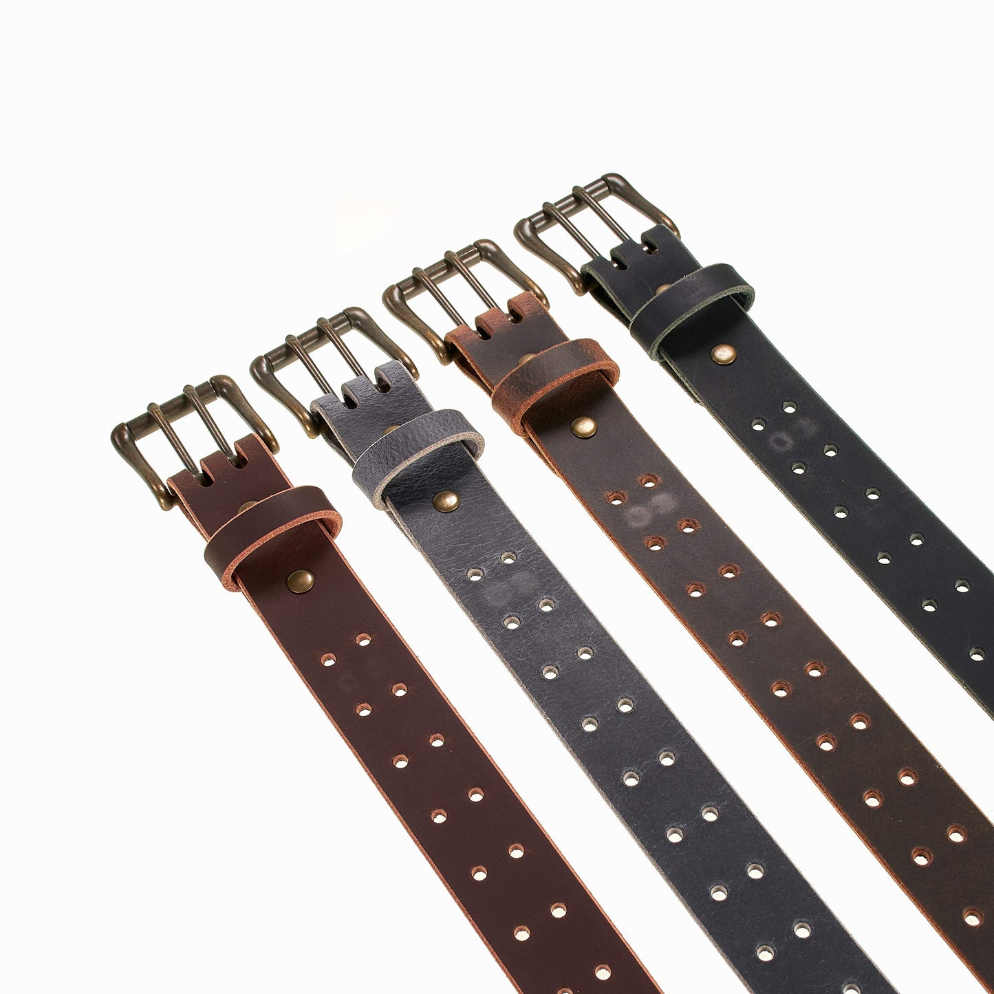 Men’s Classic Leather Belt, Double Prong Retro Style, Antique Brass Buckle, 1 ½” Width, Amish handmade in the USA (Vintage Brown, 44")