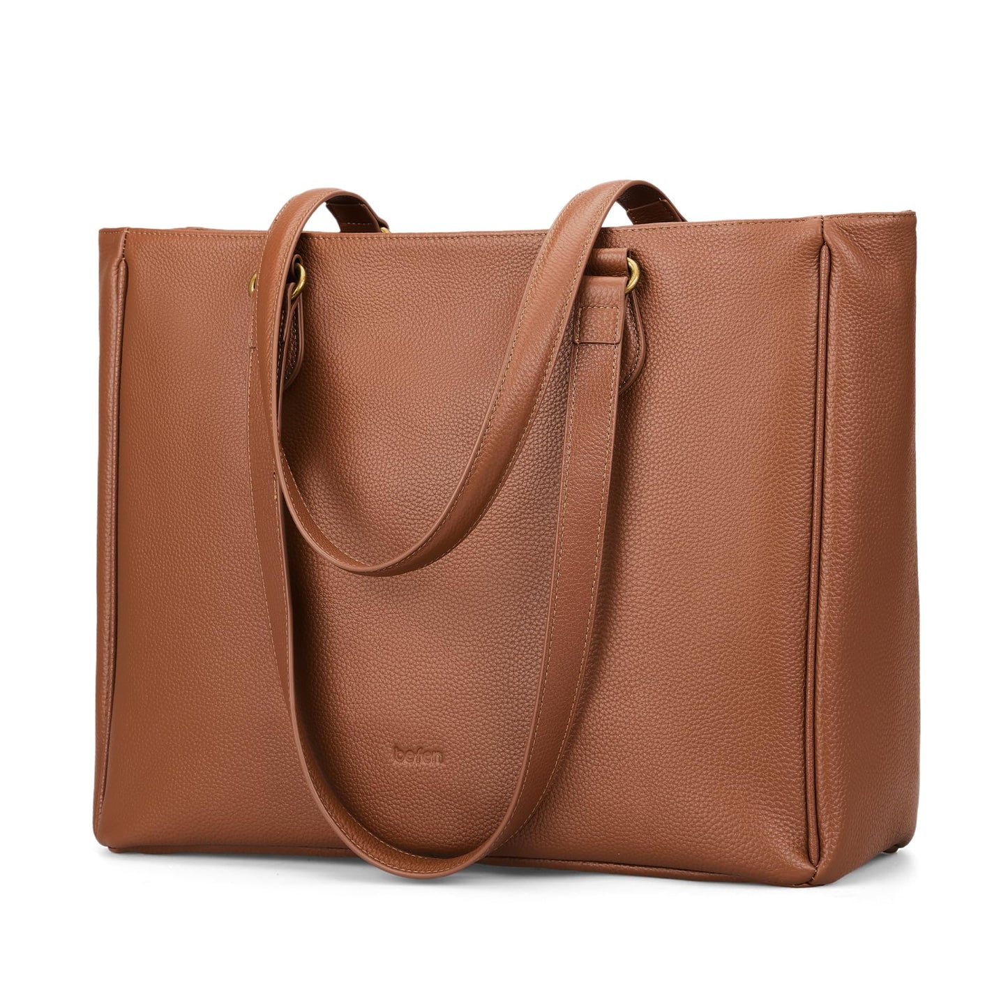 befen Real Leather Work Tote Bag for Women Multi-Pockets Shoulder Totes Purse Satchel Office Bags Handbag with Cup Holder for Work & Travel Cognac Brown