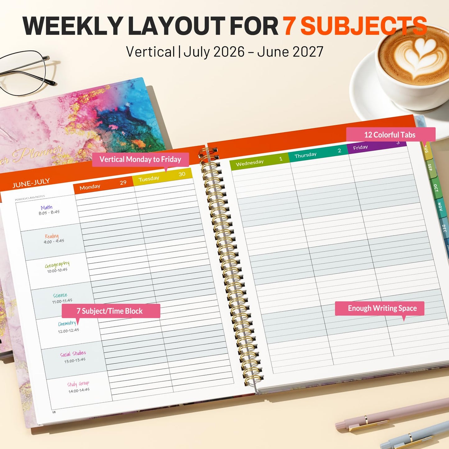 SUNEE Teacher Planner 2026-2027 Academic Year, 7 Periods Lesson Plan Book Jul 2026 - Jun 2027, 8.5"x11" Weekly Vertical Layout Monthly Organizers with Calendars, Bookmark, Waterproof Cover,Pink Marble