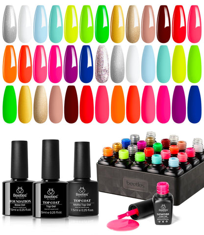 beetles Gel Polish Set - 23Pcs Macaroon Color Gel Nail Kit with Glossy Matte Top Coat Base Coat Yellow Pink White Purple Blue Glitter Bright Uv Nails Paradise Pastel Gel Halloween Gifts for Women