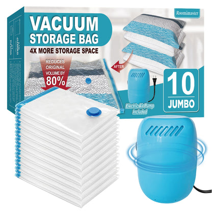 Vacuum Storage Bags with Electric Pump, 10 Jumbo Space Saver Bags Vacuum Seal Bags with Pump, Space, Vacuum Sealer Bags for Clothes, Comforters, Blankets, Bedding