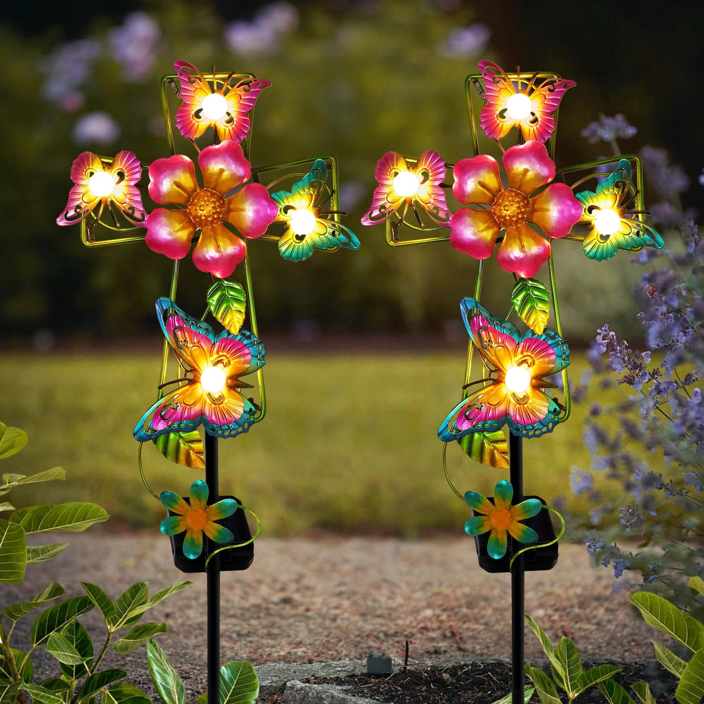 Solar Cross Garden Lights, 2 Pack Solar Butterfly Stake Lights Cemetery Decorations for Grave, Jesus Cross Sympathy Memorial Gifts for Mother Grandma, Metal Garden Art for Yard Lawn Patio Decor