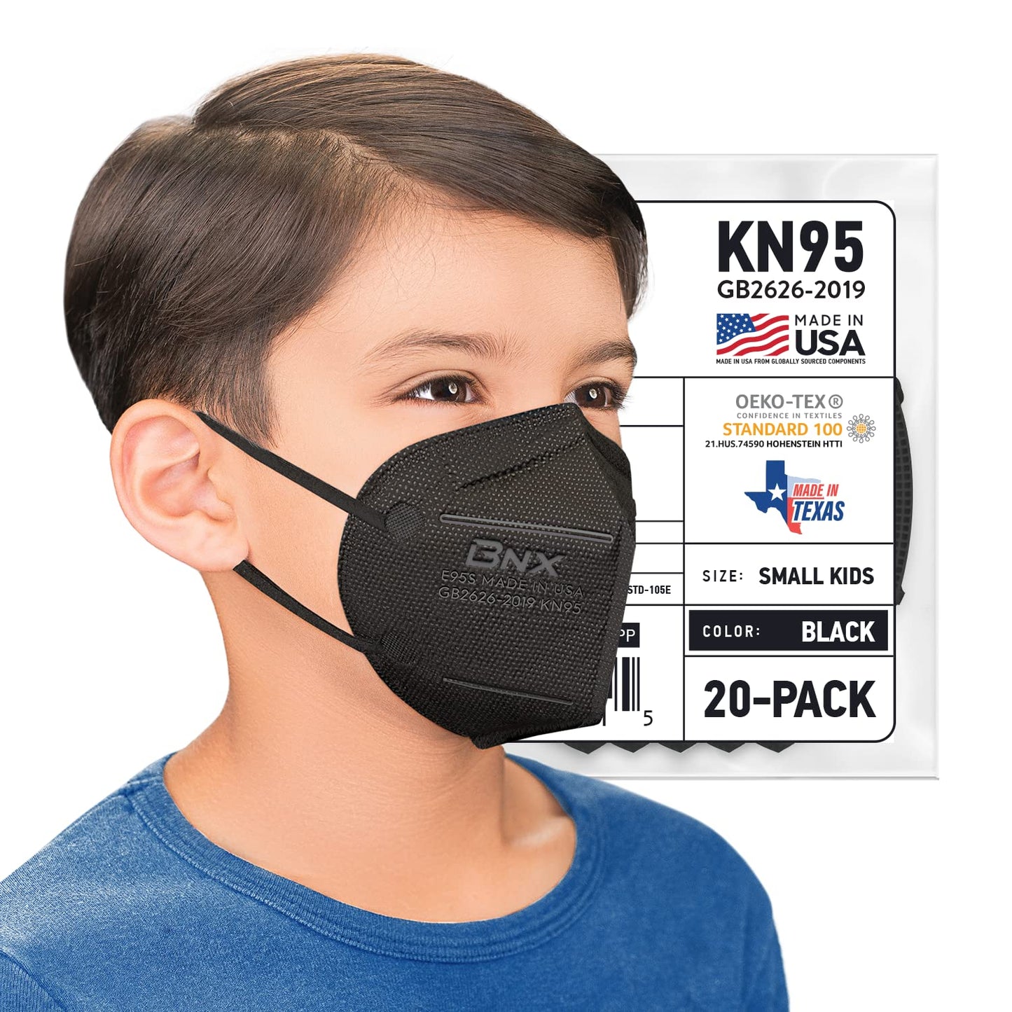 BNX 20-Pack Kids KN95 Face Mask, Disposable Particulate KN95 Mask Made in USA, Protection Against Dust, Pollen and Haze (20 Pack) (Earloop) (Model: E95S) Black