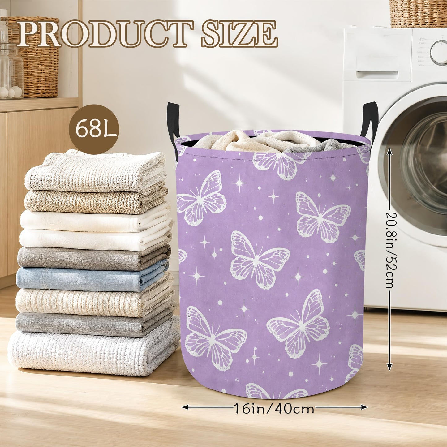 Laundry Hamper, Butterfly Star Collapsible Lavender Laundry Baskets Waterproof Oxford Cloth With Handles, Clothes Storage Bucket For Bathroom/Bedroom 16" x 20.8"