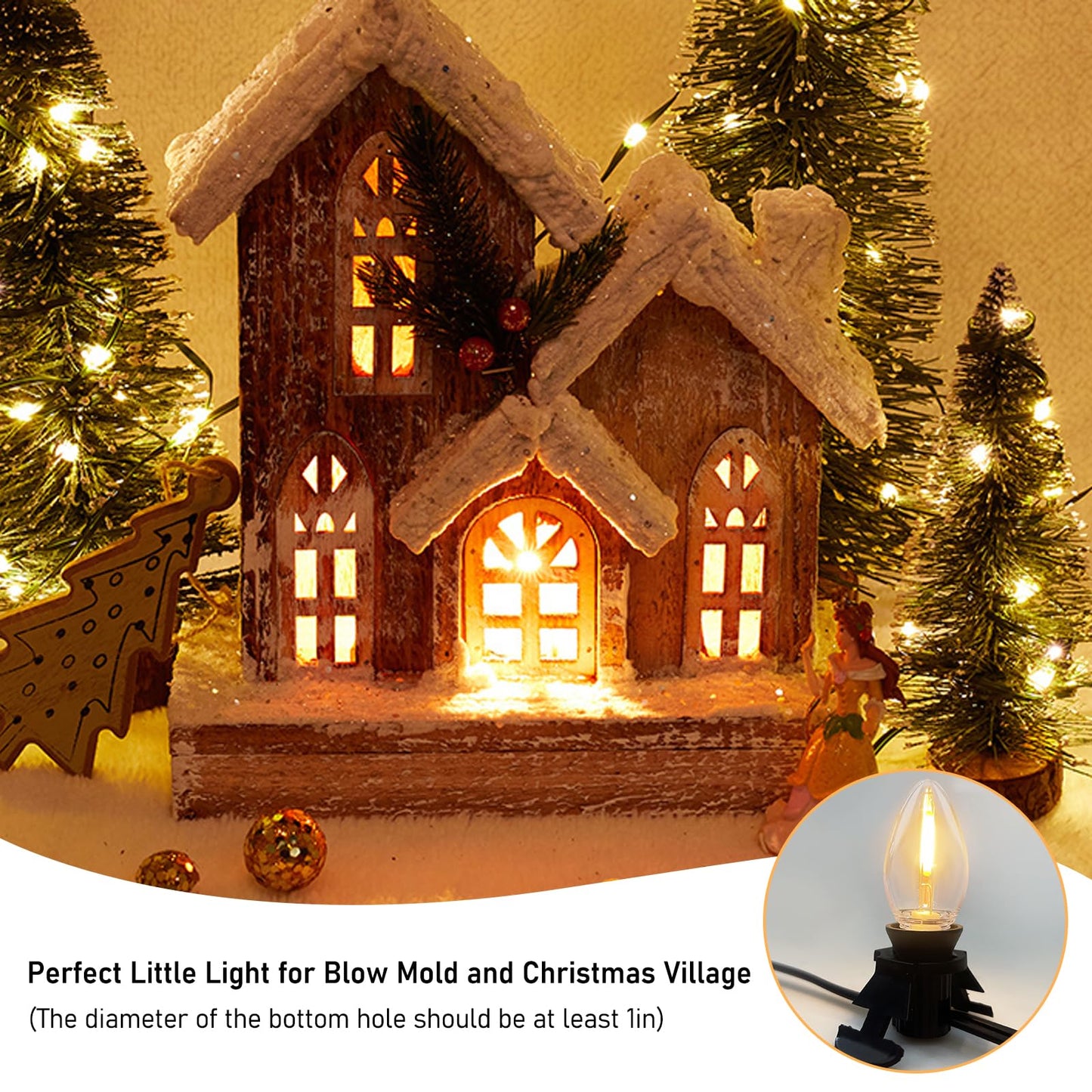 Accessory Cord with 5 LED Light Bulb and Female Plug, 11 Ft Christmas Village Light Cord with Clip, C7 Led Night Lights for Indoor Crafts Halloween Pumpkin Christmas Village House Decor, Black Wire
