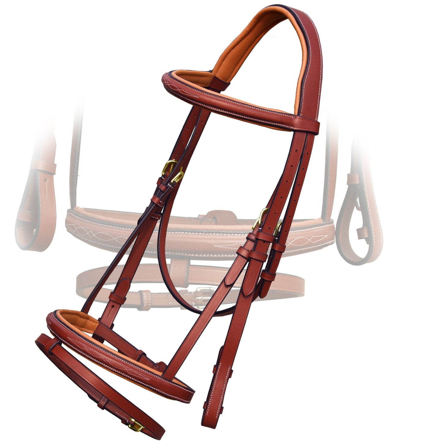 ExionPro Exion English Jumping Bridle with Flash & Rubber Reins – Anatomical Padded Horse Bridle – Premium Leather Designer Stitched Hunter Jumper Tack – Brass Buckles – Pony, Cob, Full, Warmblood