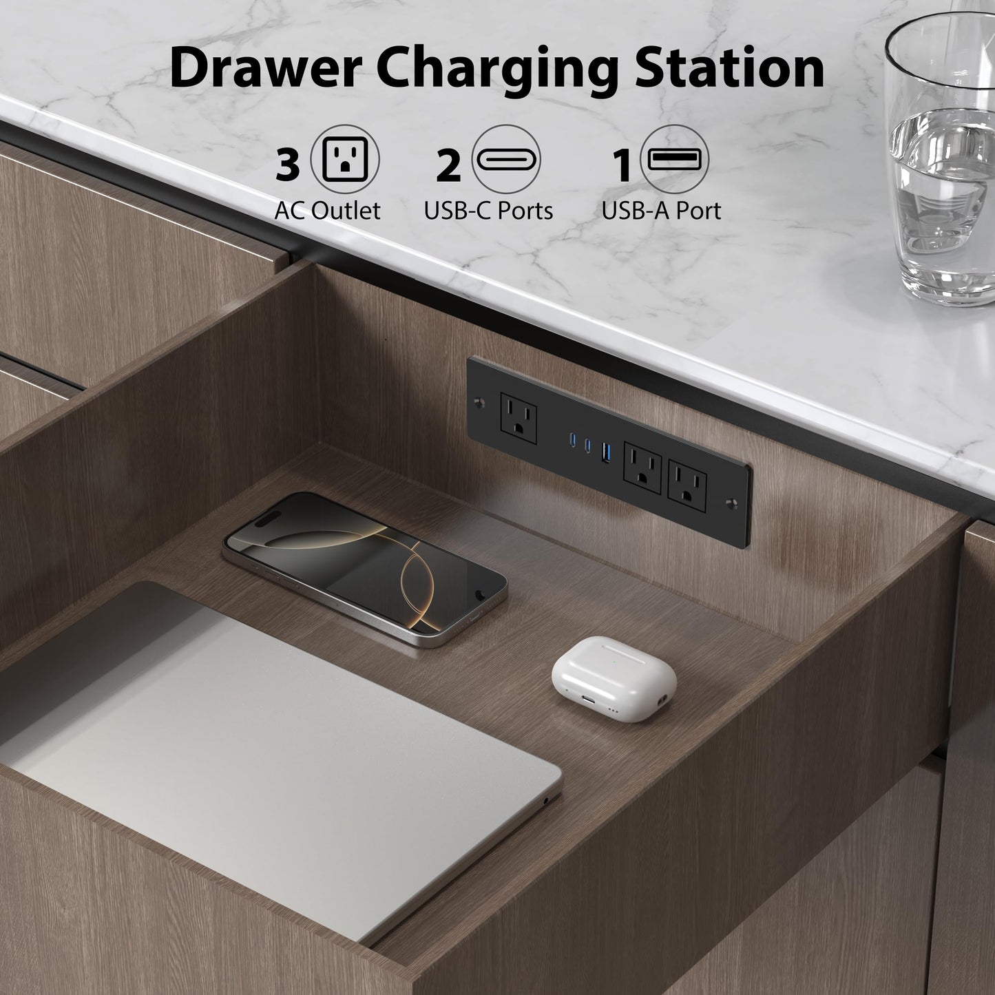 Drawer Outlet Kit with 65W USB C Fast Charging Station, HEZI Recessed Power Outlet with 3 USB Ports & 3 AC Outlets, Furniture Flush Mount Power Strip for Home Office 10ft Cord