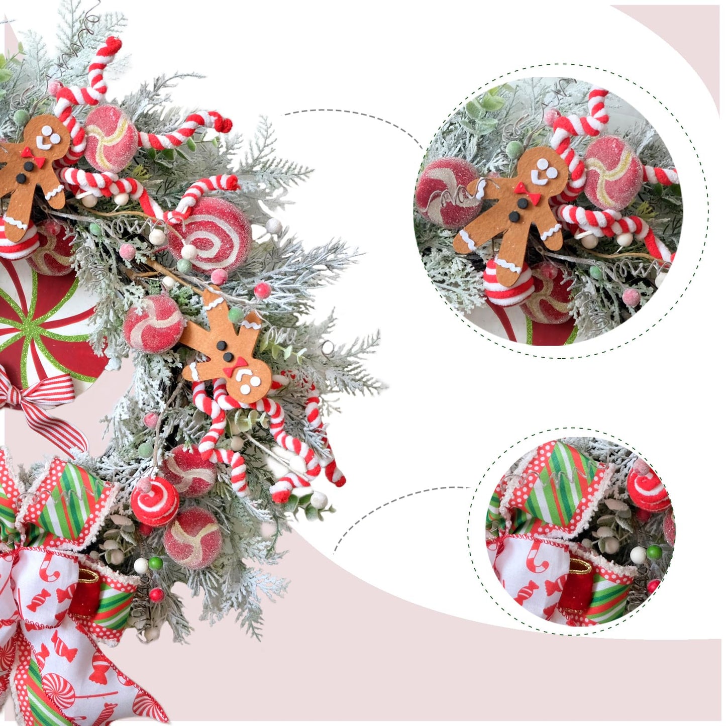 Egolot 24 Inch Winter Christmas Candy Cane Wreath for Front Door, Christmas Red White Xmas Indoor Outdoor Candy Gingerbread Wreath, Holiday Wreaths for Window Wall