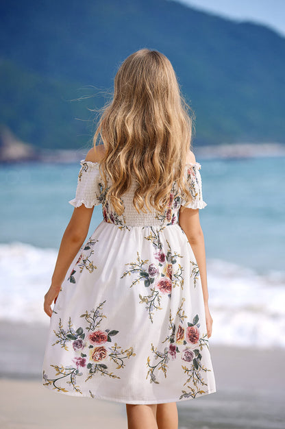Arshiner Girl Short Sleeve Floral Print Cute Casual Fit and Party Dress White for 12-13 Years