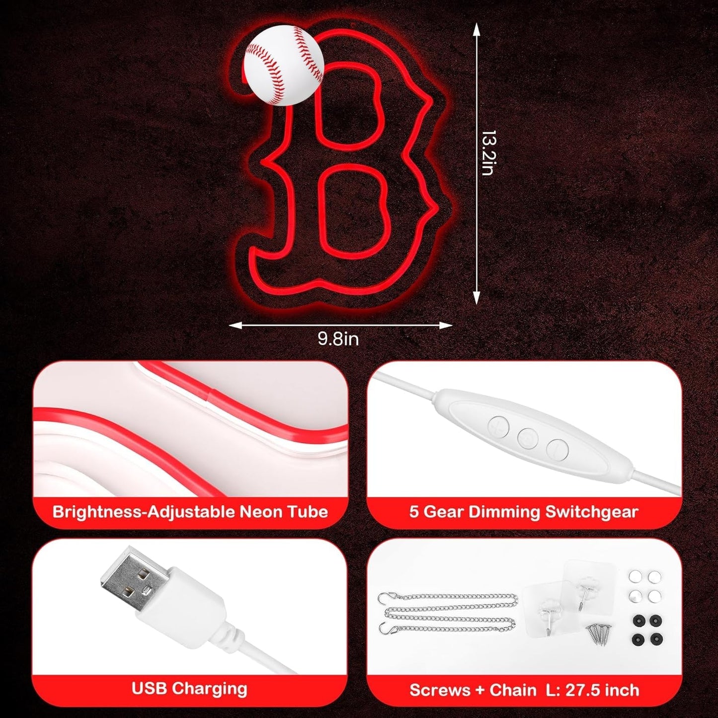 Red Socks Neon Sign, Boston BRS Cool Light Up Dimmable Red BOS Logo Hanging Led Neon Sign for Wall Art Decor, Party, Bar, Man Cave, Garage, Game Room Deco, Baseball Birthday Christmas Gift for Baseball Fans