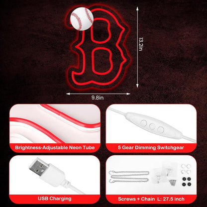 Red Socks Neon Sign, Boston BRS Cool Light Up Dimmable Red BOS Logo Hanging Led Neon Sign for Wall Art Decor, Party, Bar, Man Cave, Garage, Game Room Deco, Baseball Birthday Christmas Gift for Baseball Fans