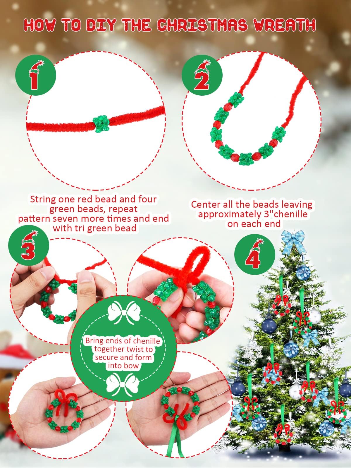 Lanstics Christmas Craft Kit - 60 Sets Beaded Ornament Kit Including Wreath, Candy Cane for Xmas Tree Decorations - Adults & Kids - Assembly Needed