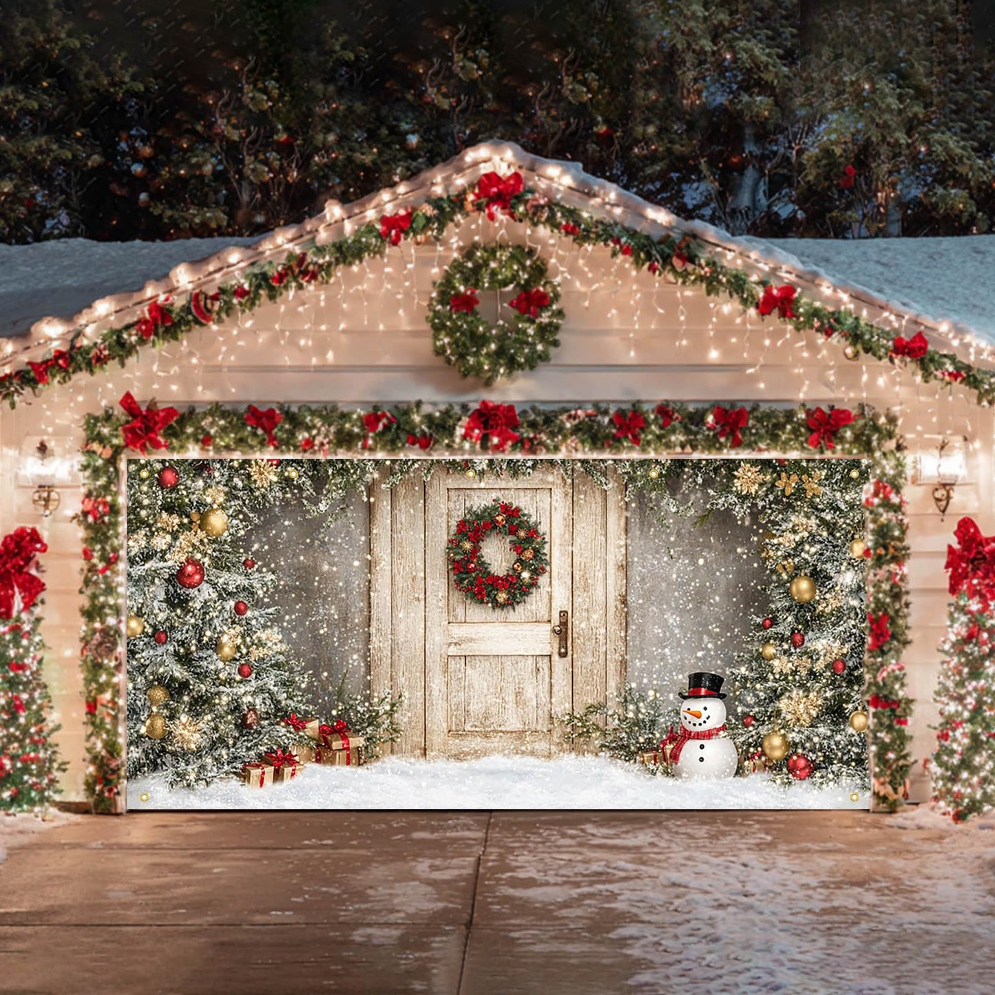 HOMETITUTE Christmas Garage Entryway Banner 13x6ft Gray Wall with Wooden Entryway Decoration Featuring Xmas Trees Snowman Gift BoxesSnowflakes and Lights for Outdoor Holiday Backdrop