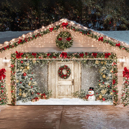 HOMETITUTE Christmas Garage Entryway Banner 13x6ft Gray Wall with Wooden Entryway Decoration Featuring Xmas Trees Snowman Gift BoxesSnowflakes and Lights for Outdoor Holiday Backdrop