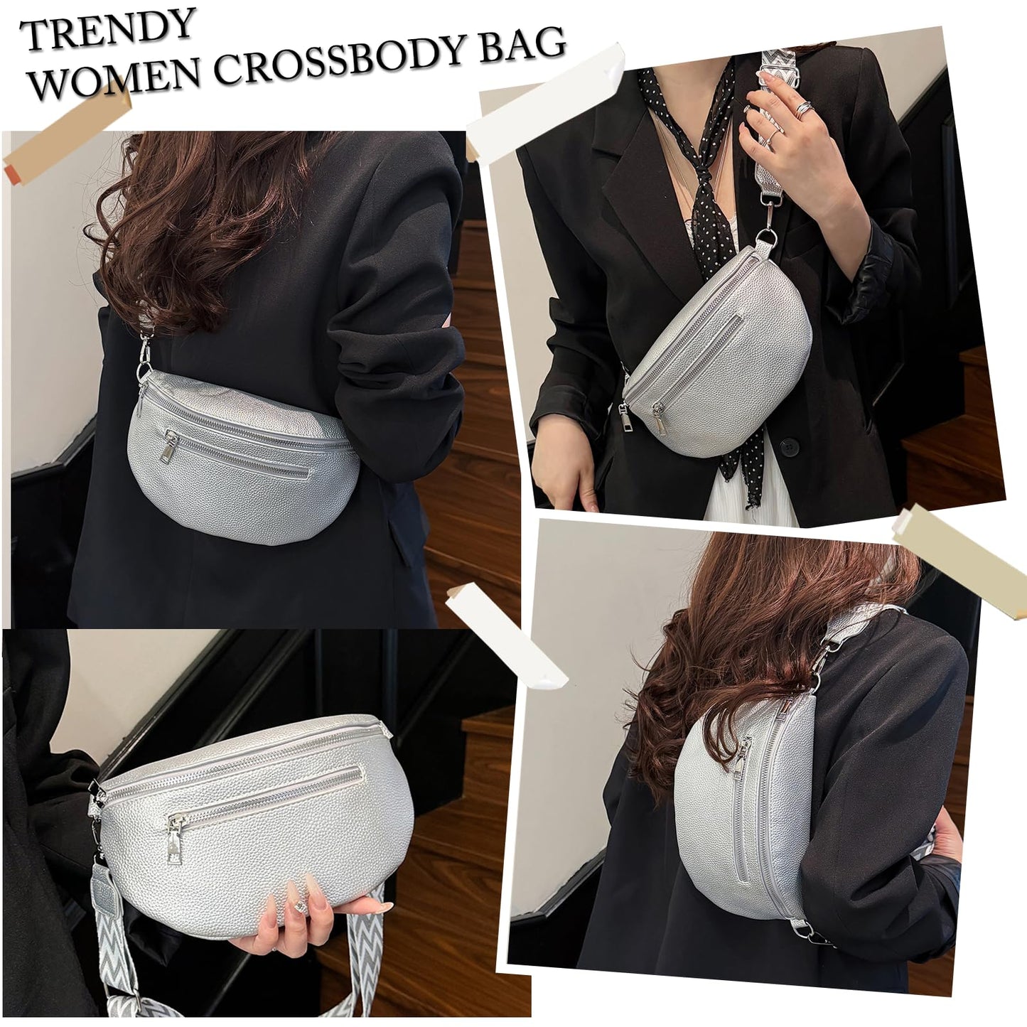Long Keeper Crossbody Bags for Women Vegan Leather Trendy Sling Chest Bag with Adjustable Wide Strap Small Travel Fanny Pack (Silver)