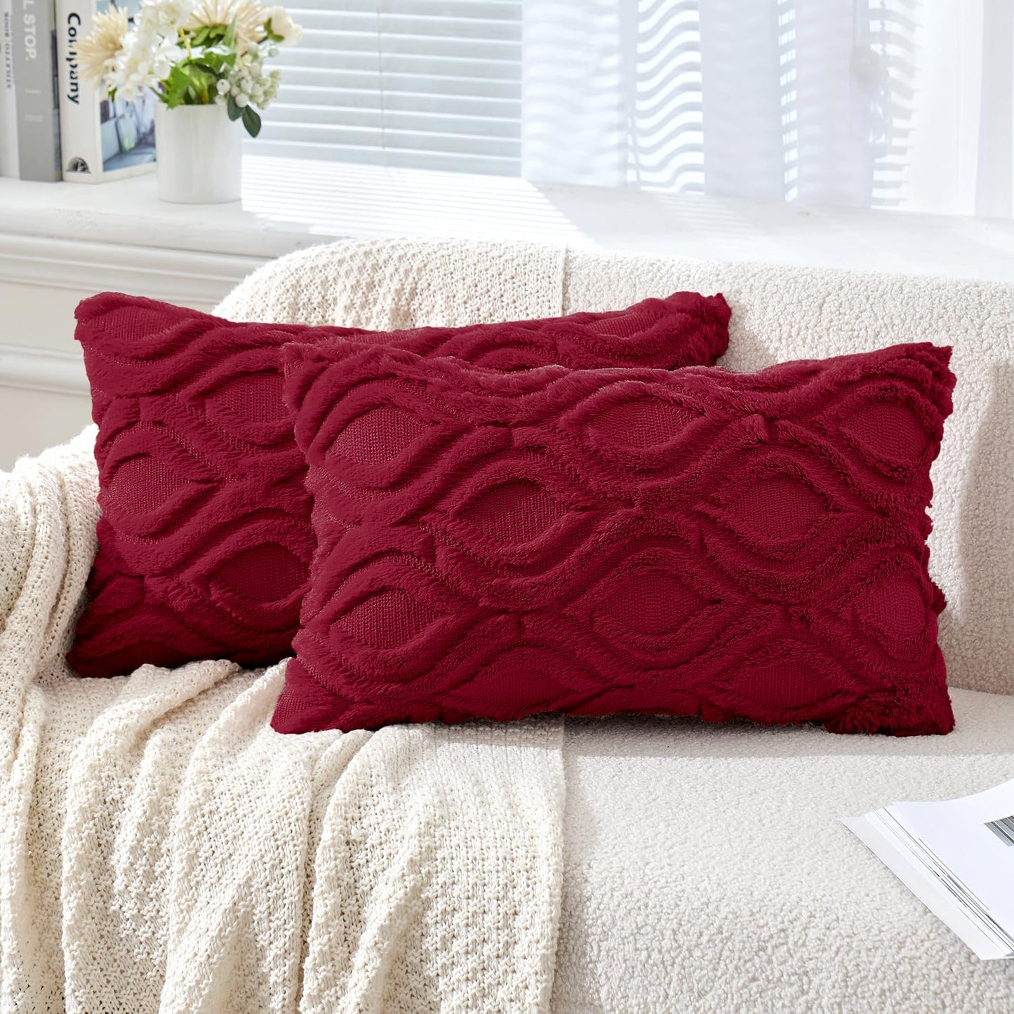 MIULEE Christmas Wine Red Throw Pillow Covers 12x20 Inch, Soft Winter Plush Faux Wool Couch Pillow Covers Set of 2 Decorative Farmhouse Boho Throw Pillows for Sofa Living Room Bed