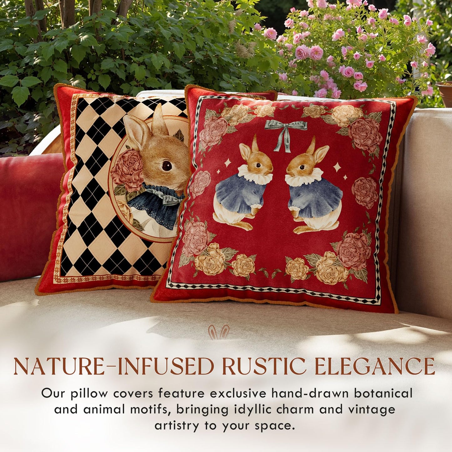 Livebee Bunny Checkered Pillow Cover Decorations, Velvet Euro Sham Covers Decorative Throw Pillow Covers 18x18 for Couch Sofa Bed Home Decor