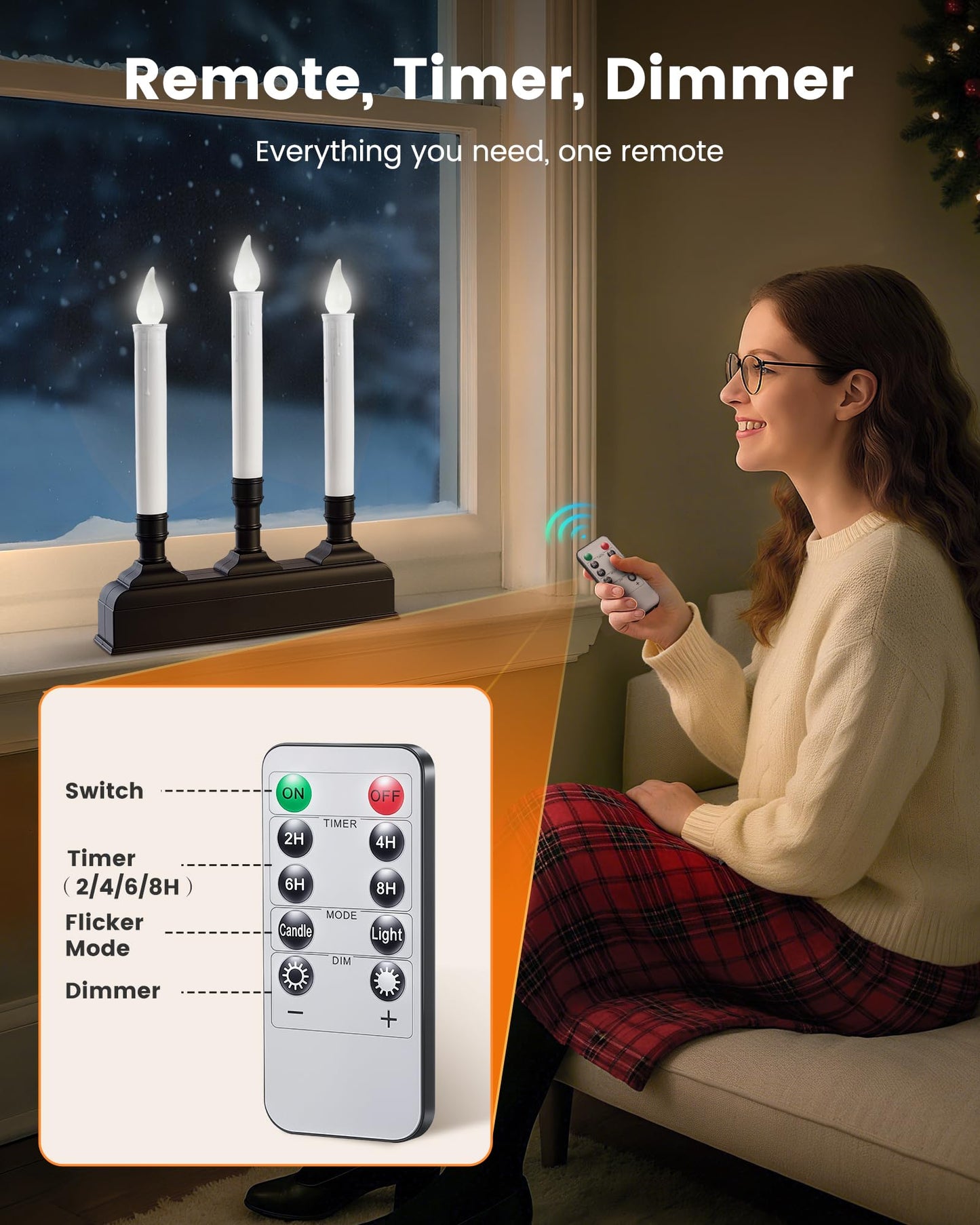 SURAIELEC Christmas Battery Window Candles with remote, 3-Light Candolier Window Candle, Flameless 5000K LED Candles, 1.9" Narrow Base, Chritmas Window Candle for Window, Mantel, Dinning Table, 1-Pack