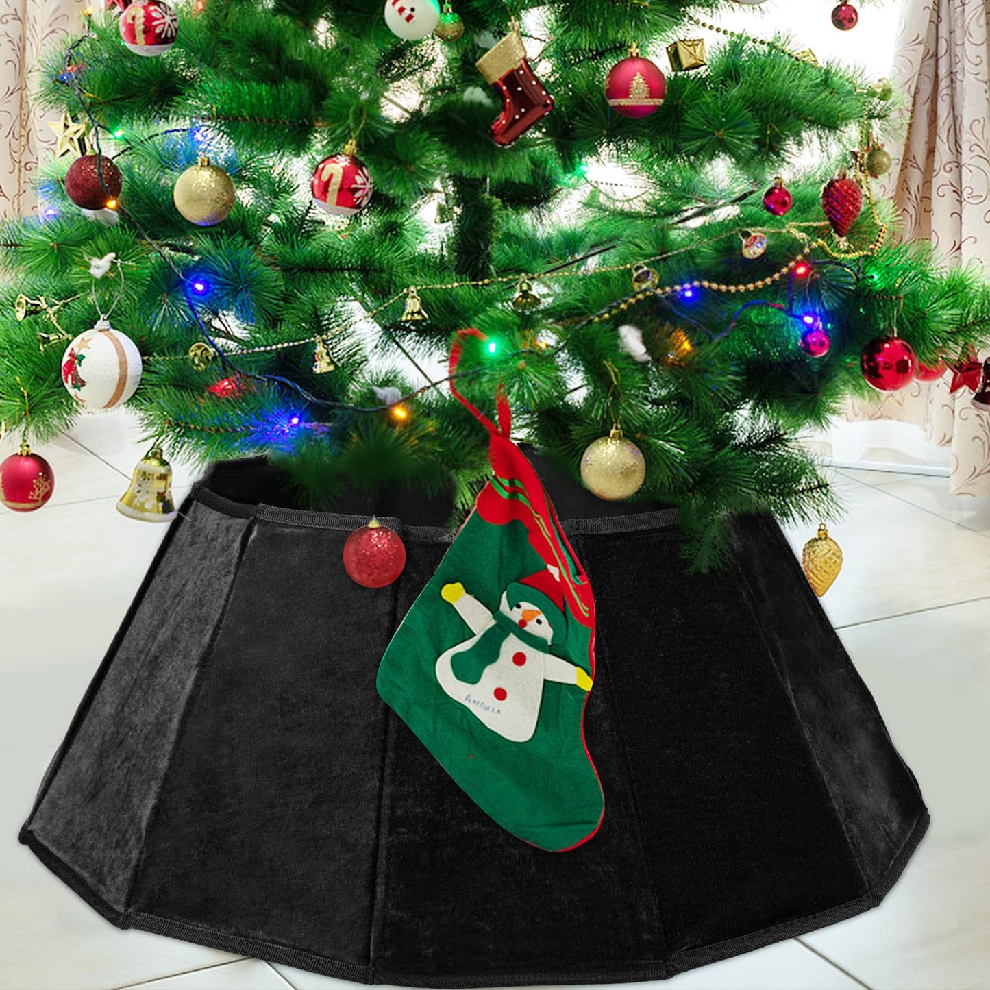Black Velvet Christmas Tree Collar - Folable Tree Ring & Skirt for Artificial Trees - Base Stand Cover Decoration