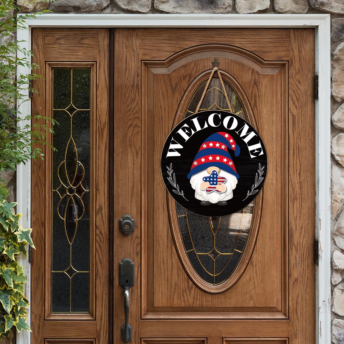 Interchangeable Gnome Welcome Sign Summer Patriotic 4th of July Porch Decor, Changeable Wood Gnomes Front Door Decoration Wreath Hanger for Spring Fall Winter All Seasons Holiday, Black and White