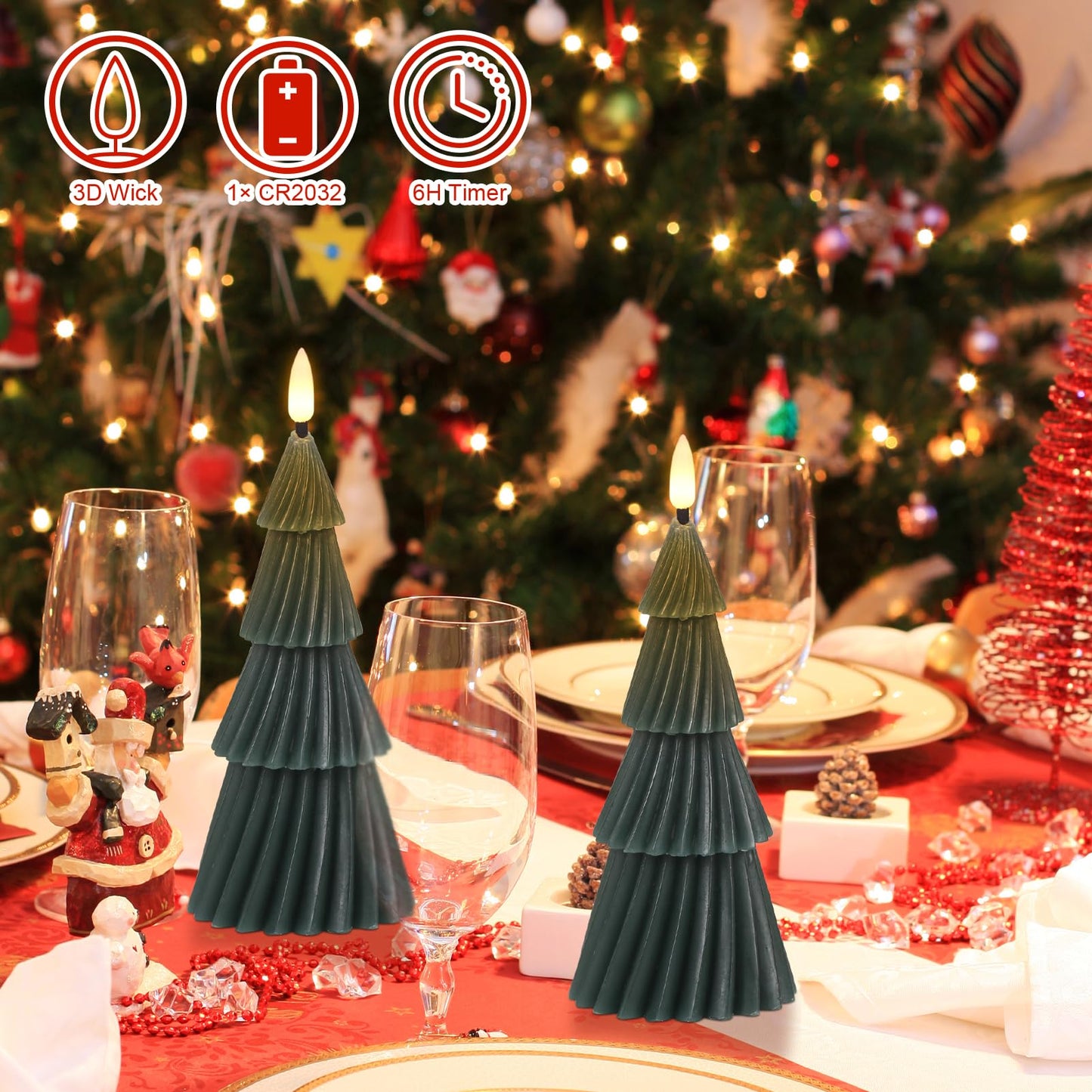 Eldnacele Stripe Christmas Tree Flameless Candle with 6 Hour Timer, Battery Operated(Included) 3D Wick Flickering Real Wax Green LED Candles Xmas Eve Dinner Holiday Decor (2Pcs,3"×7.1")