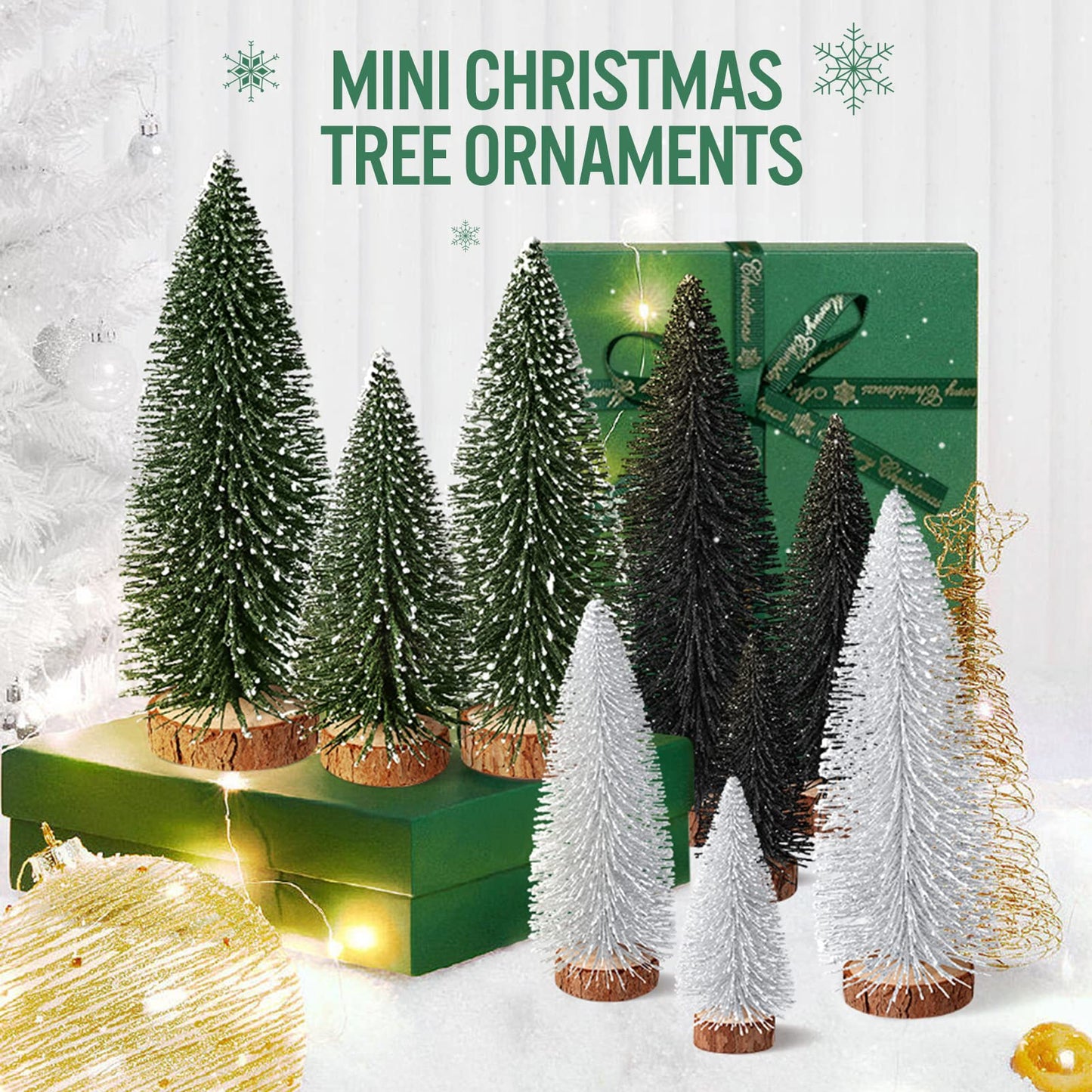 9Pcs Mini Christmas Trees Christmas Decor Artificial Christmas Decorations with 4 Sizes, Christmas Tree Bottle Brush Trees Christmas Table Decorations (Green Silver Black)