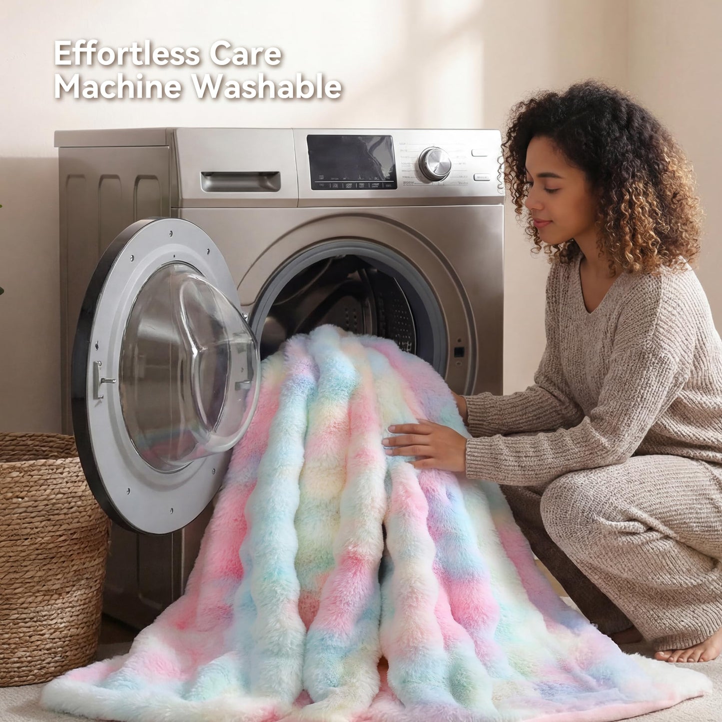 Smoofy Faux Fur Throw Blanket for Couch - Rainbow Super Soft Cozy Bubble Blanket, Fluffy Plush Fuzzy Throw for Sofa & Bed, Thick Lightweight Warm Blanket, Luxury Aesthetic Gift for Women 50"x60"