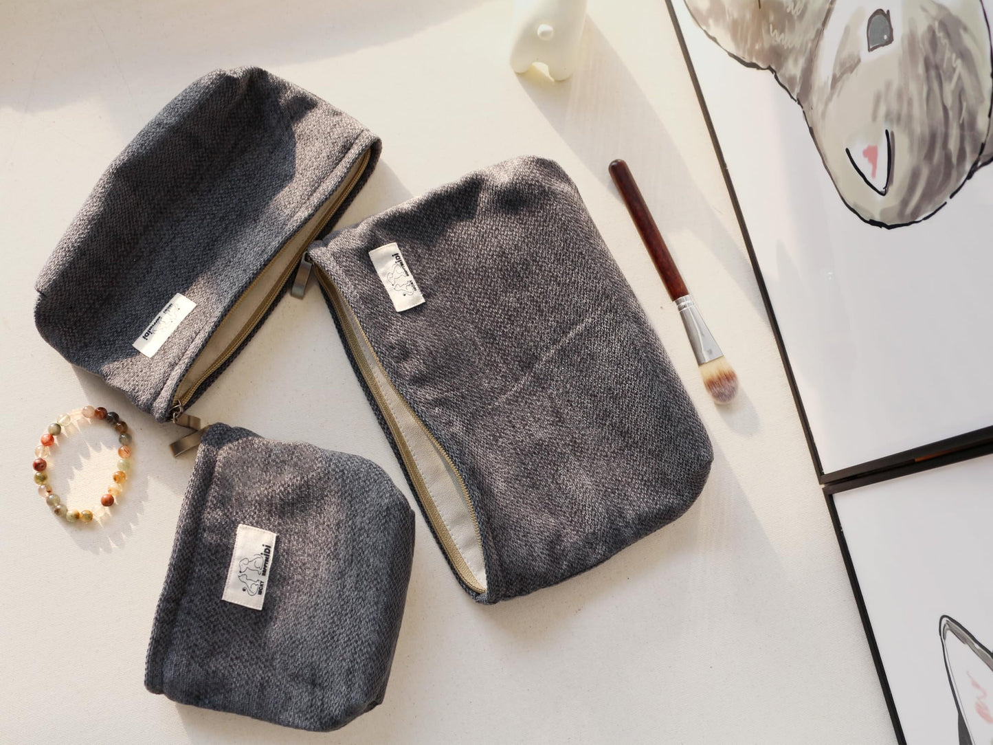 HAPPYHEIDI Gray Velvet Corduroy Makeup Bag Set 3 with Compartment Women Girls Cosmetic Toiletry Pouch,Travel Accessory Organizer, 3-Size, Canvas Lined