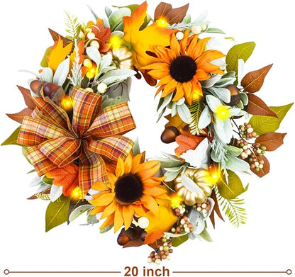 Fall Wreaths for Front Door,Sunflower Autumn Wreath with Lights,Pumpkins and Bows,for Thanksgiving Halloween Farmhouse Indoor Outdoor Outside (Yellow Sunflower)