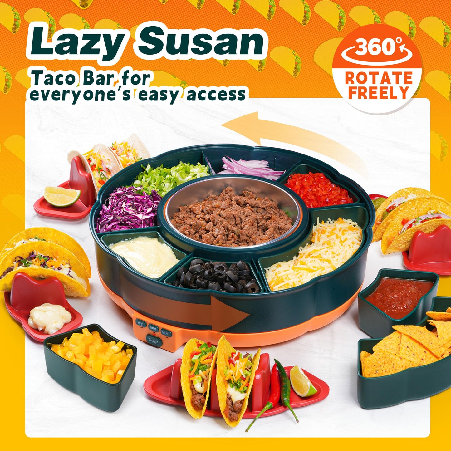 Taco Tuesday Kit, Taco Bar Serving Set for a Party with 3-Temp Control, 33oz Heated Pot, 6 Removable Trays & 4 Taco Holders, Lazy Susan Taco Bar for Burritos, Nachos, and Fajitas, Christmas Gift