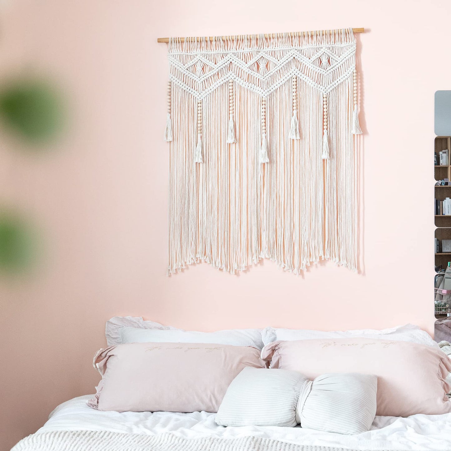 Mkono Macrame Wall Hanging Large Boho Decor Woven Wall Tapestry Chic Art Tassel Christmas Decoration for Backdrop over Bed Bedroom Nursery Dorm Classroom, Including Hanging Rod, 33''W x 42''H